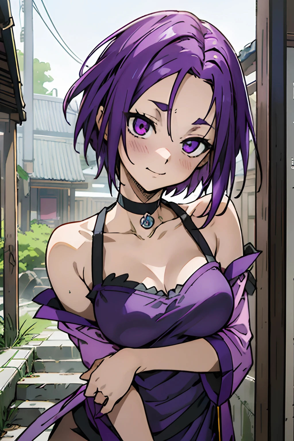 masutepiece, Best Quality, Ultra-detailed, Off-the-shoulder clothing, Colorful,Up-close, Hyper-detailing，purple color  hair, Reo Mikage, Blue Lock, no sleeves, Camisole, Blue Camisole, Cheongsam, chinese clothes, Chest exposure, Underwear, Metamorphosis is exposed, Choker, arm warmer, Sexy breasts, Scar, Big breasts, red blush, 1girl in, Solo, Sharp face, Heterochromia, Green eyes, Purple eyes, Bare neck, Happy face, rays of sunshine, Brave Sky, shining sky, Village of Shanghai, Slums