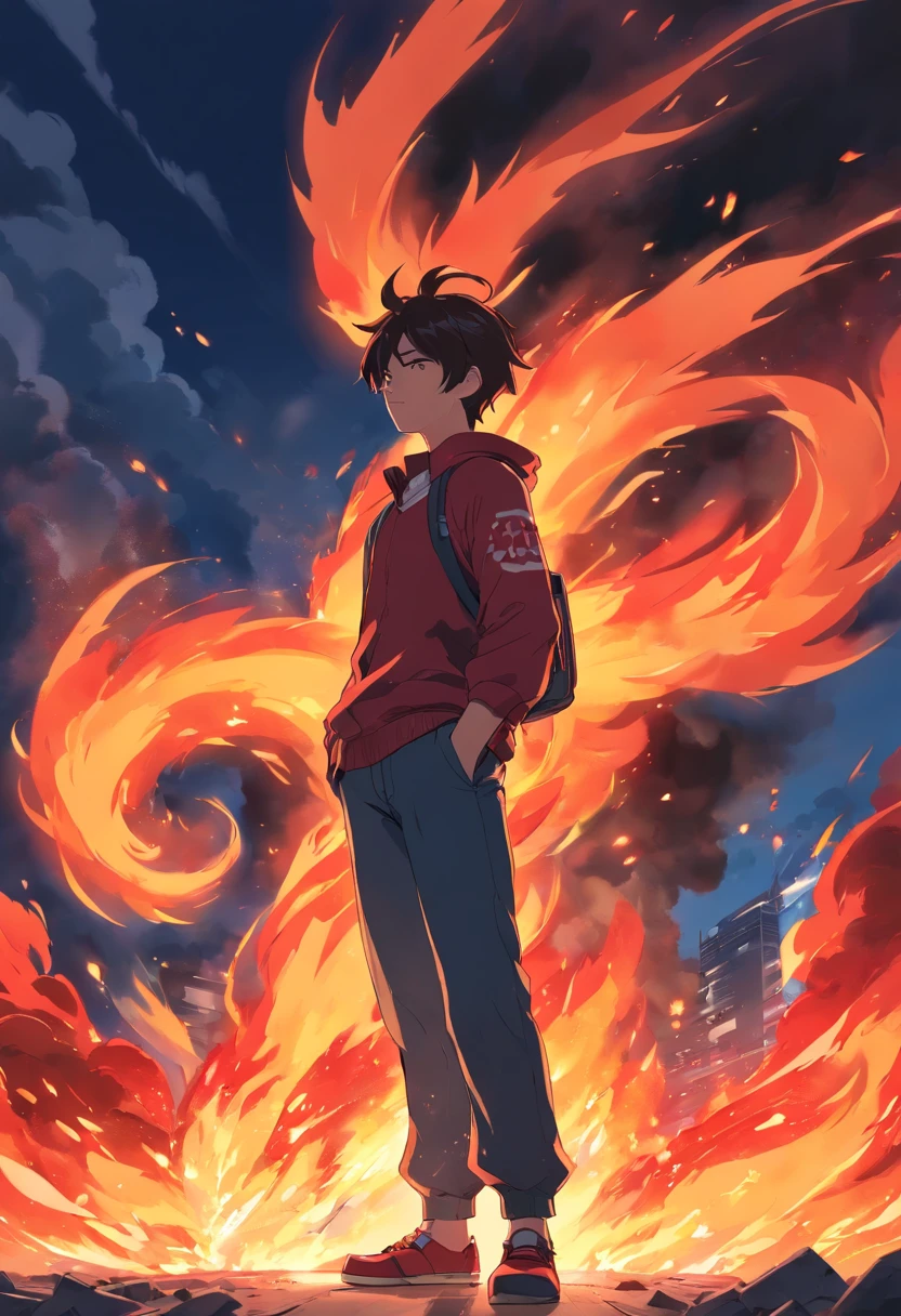 A man made of red and black fire with big ears and a fire covering his body and he is tired of the battle and ready to extinguish all his energy