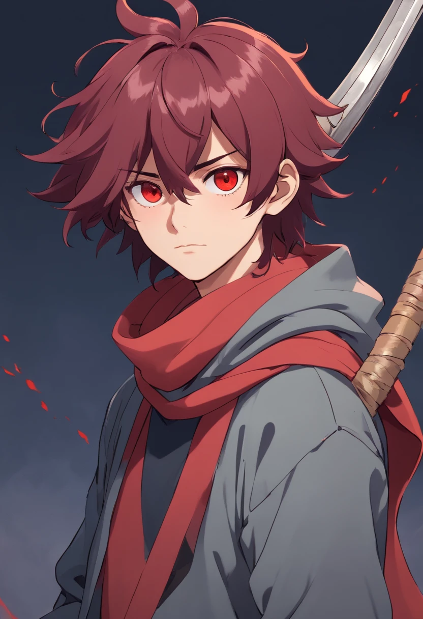 A young demon man of  with big dark red hair very messy with small black horns on the forehead very dark red eyes a gray long-sleeved sweatshirt with black apocalypse style details a scarf with a long gray pants with a look of tired and lazy a relaxed posture holding a lava scythe