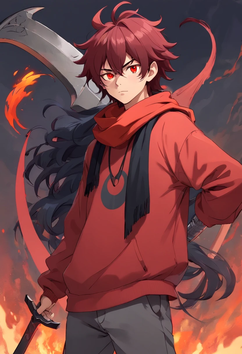 A young demon man of 17 years with big dark red hair very messy with small black horns on the forehead very dark red eyes a gray long-sleeved sweatshirt with black apocalypse style details a scarf with a long gray pants with a look of tired and lazy a relaxed posture holding a lava scythe