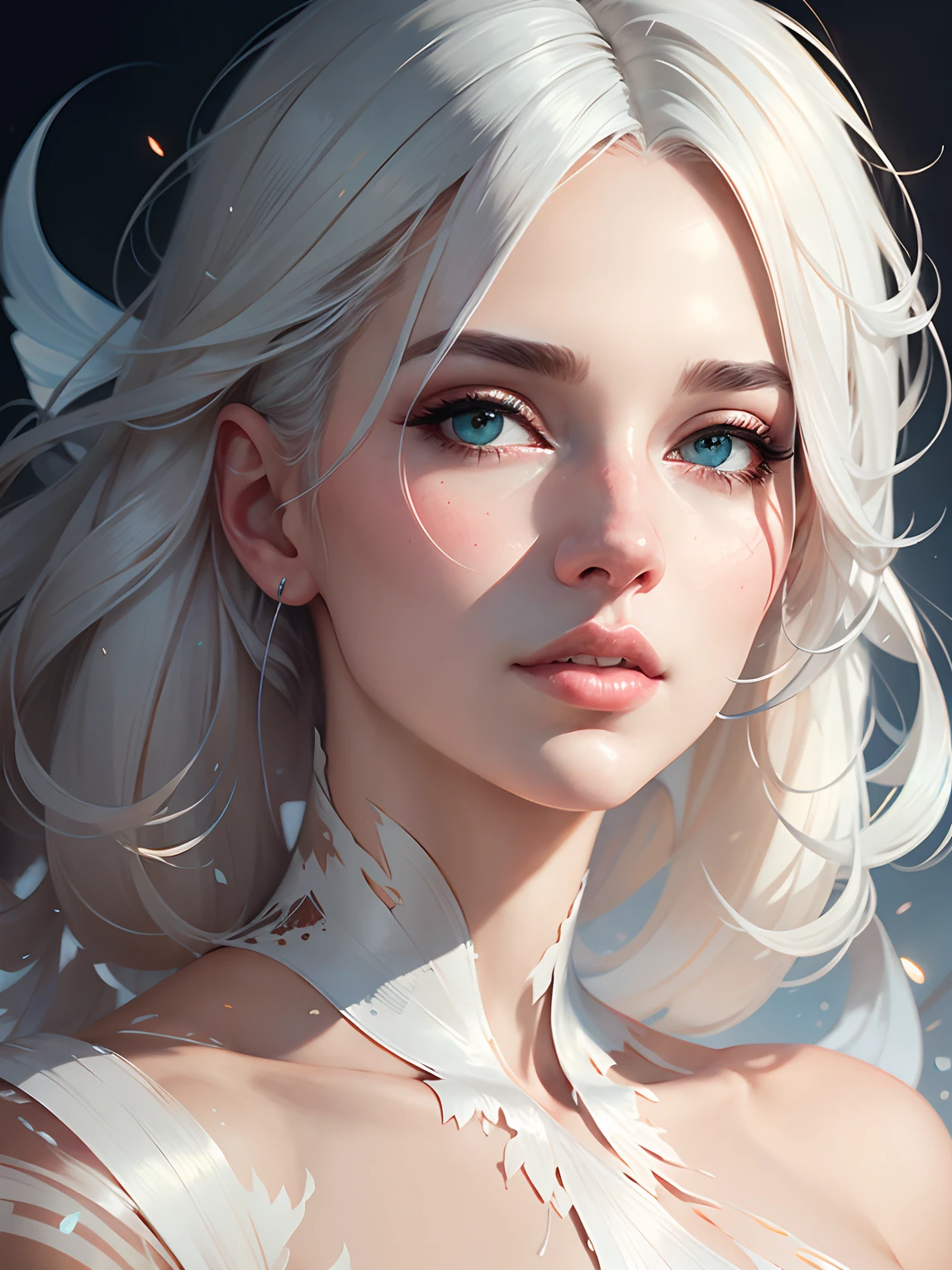 professional portrait , abstract beauty, approaching perfection, delicate face, dynamic,white hair, moonlight, highly detailed, digital painting, artstation, concept art, smooth, sharp focus, illustration, art by Carne Griffiths and Wadim Kashin, big perky breasts and big puffy nipples