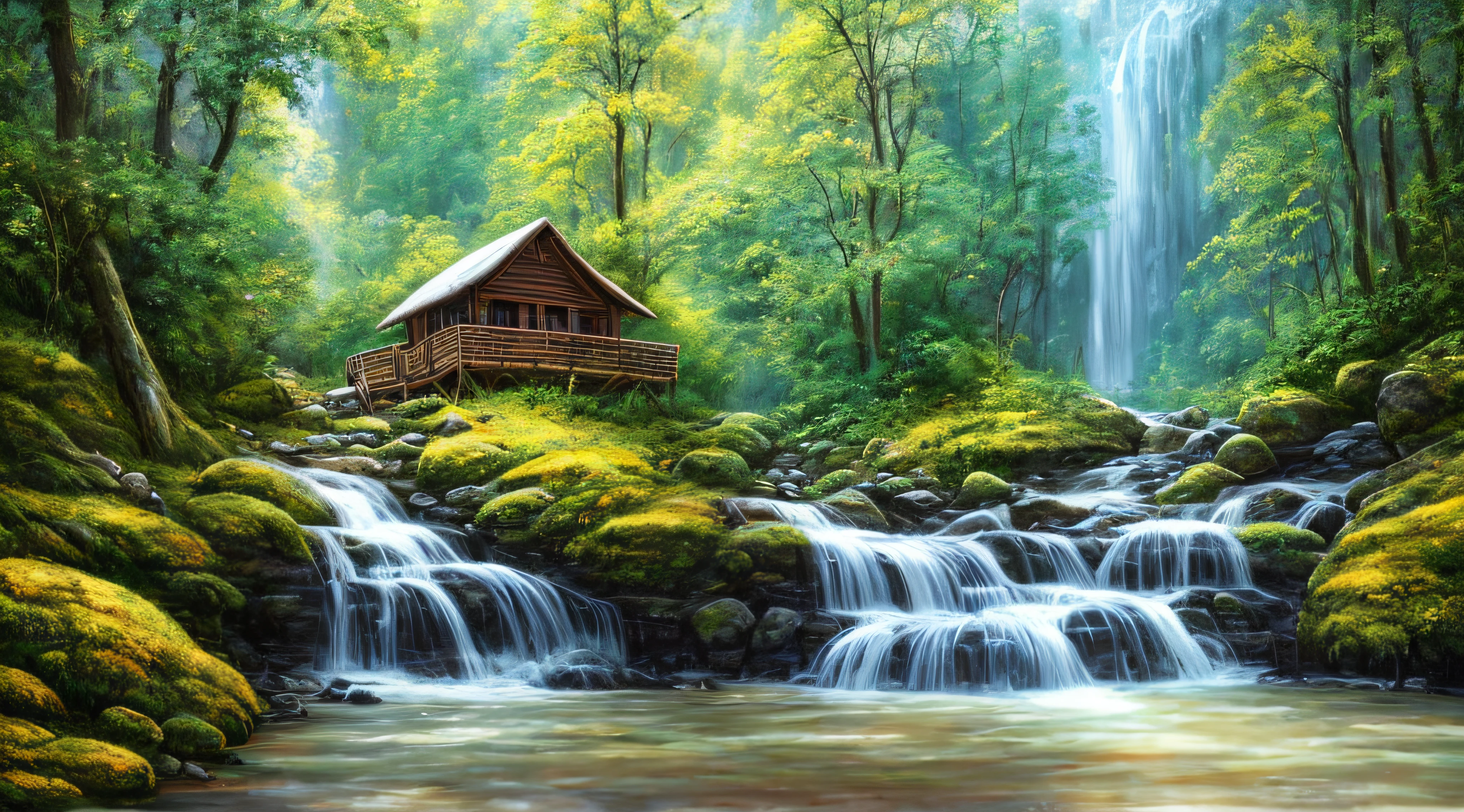 painting of a cabin in a mountain stream with a waterfall, 4 k oil painting, beautiful oil matte painting, oil painting 4 k, oil painting 4k, cottage in the forest, beautiful oil painting on canvas, beautiful digital painting, smooth oil painting, beautiful art uhd 4 k, 8 k hd detailed oil painting, oil digital painting