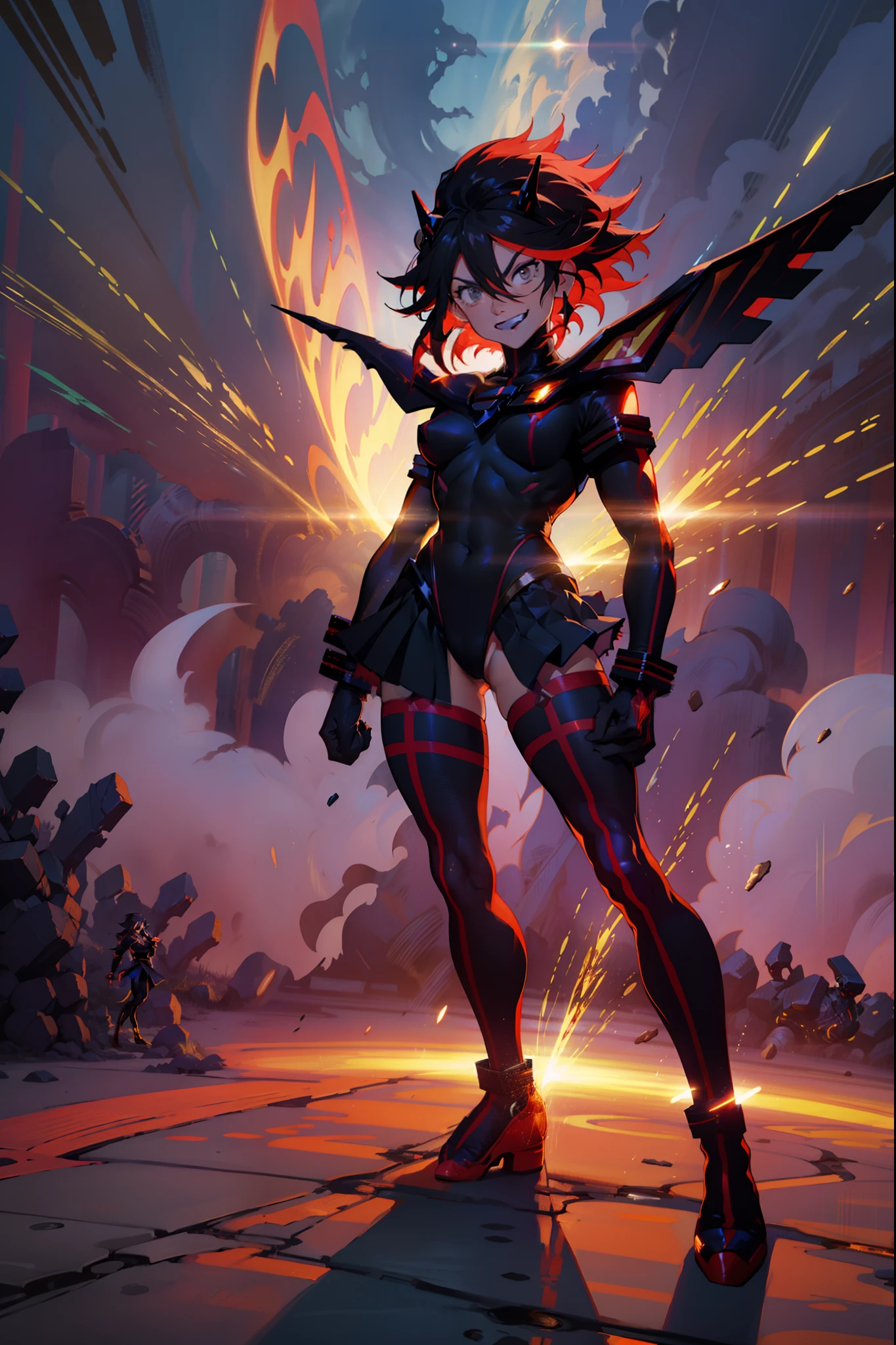 Anime, ryoko matoi,flying through the sky with black angel wings, golden leotard armor, In Battle, Chaos, shooting laser beams from hands, masterpiece ,pantyhose, boots,magicagirl body suit, large skirt, smile, long skirt,standing,smile forest,smile, full body, red hair