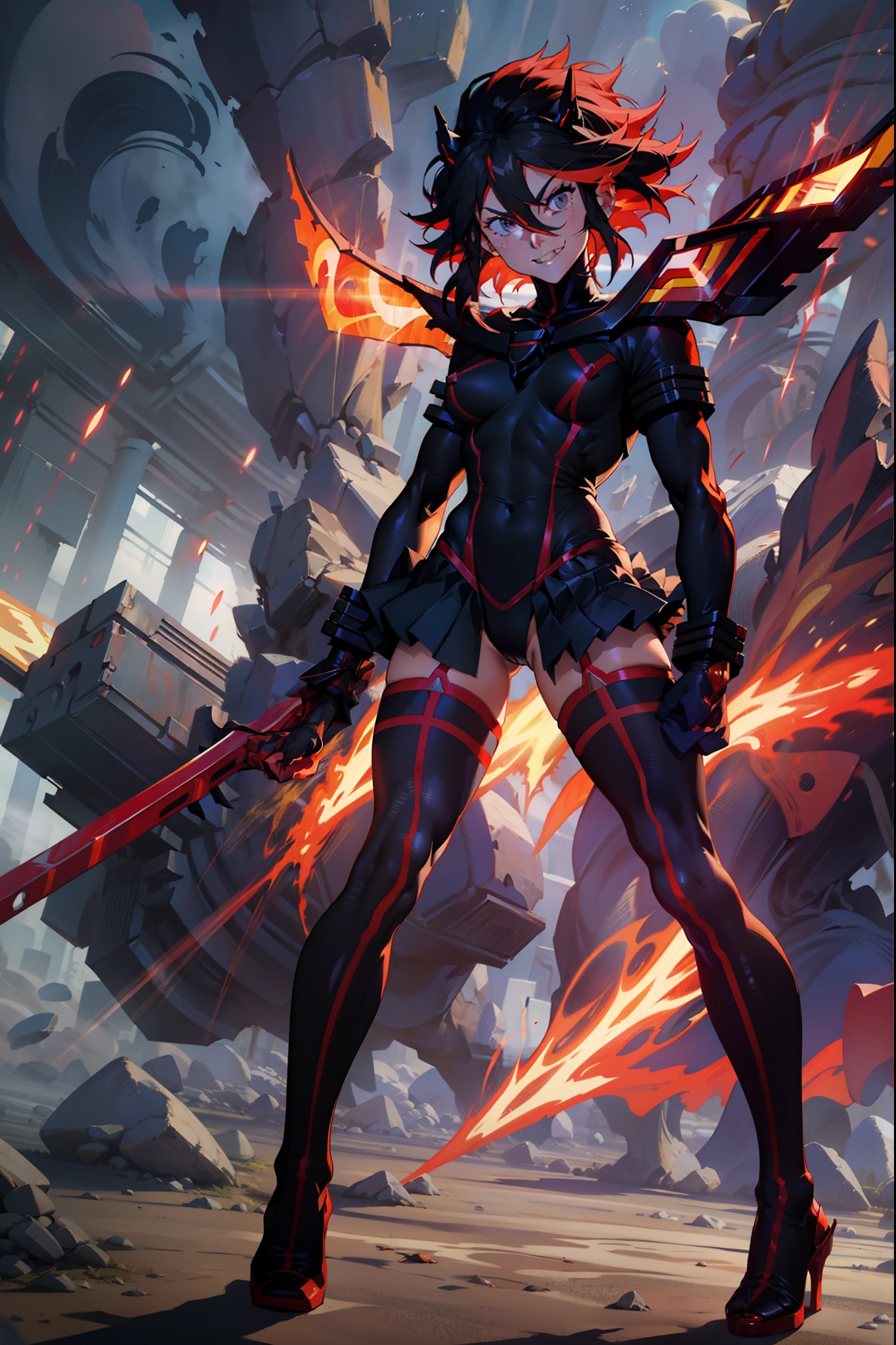 Anime, ryoko matoi,flying through the sky with black angel wings, golden leotard armor, In Battle, Chaos, shooting laser beams from hands, masterpiece ,pantyhose, boots,magicagirl body suit, large skirt, smile, long skirt,standing,smile forest,smile, full body, red hair