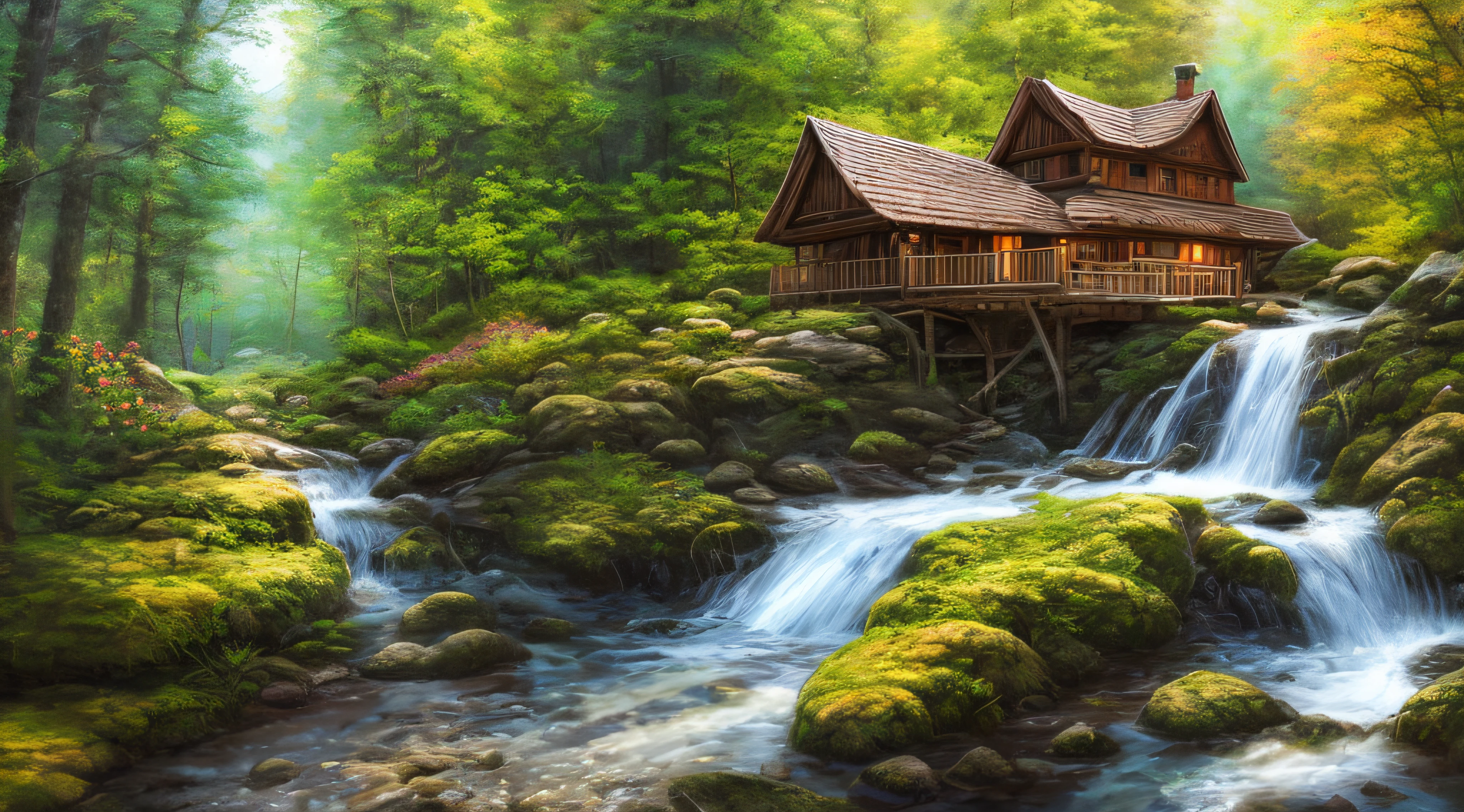 painting of a cabin in a mountain stream with a waterfall, 4 k oil painting, beautiful oil matte painting, oil painting 4 k, oil painting 4k, cottage in the forest, beautiful oil painting on canvas, beautiful digital painting, smooth oil painting, beautiful art uhd 4 k, 8 k hd detailed oil painting, oil digital painting