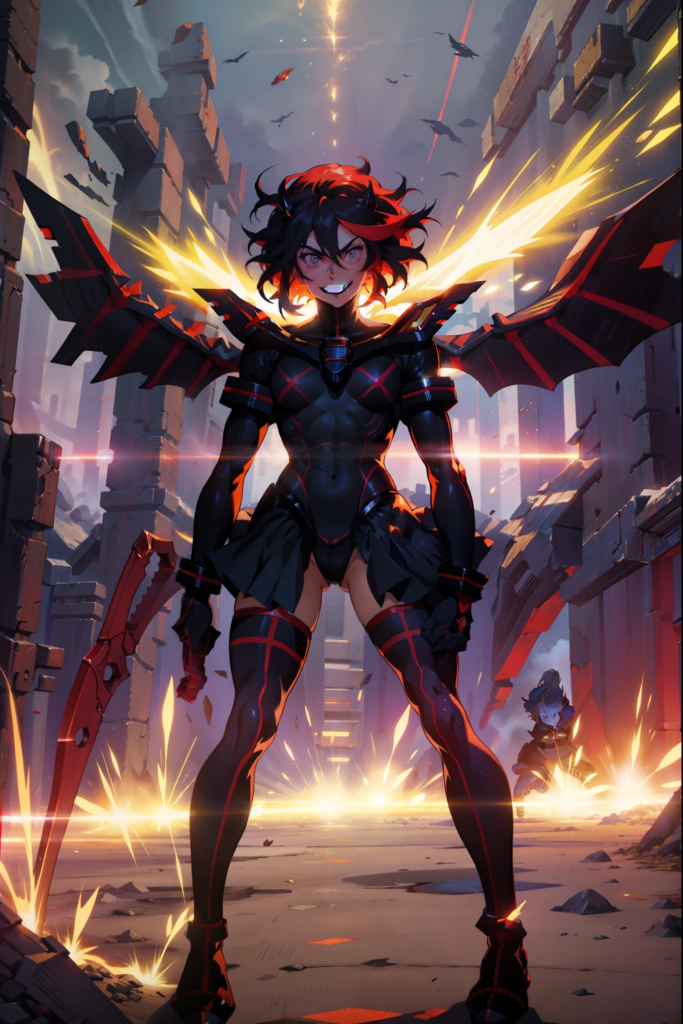 Anime, ryoko matoi,flying through the sky with black angel wings, golden leotard armor, In Battle, Chaos, shooting laser beams from hands, masterpiece ,pantyhose, boots,magicagirl body suit, large skirt, smile, long skirt,standing,smile forest,smile, full body, red hair,teeth