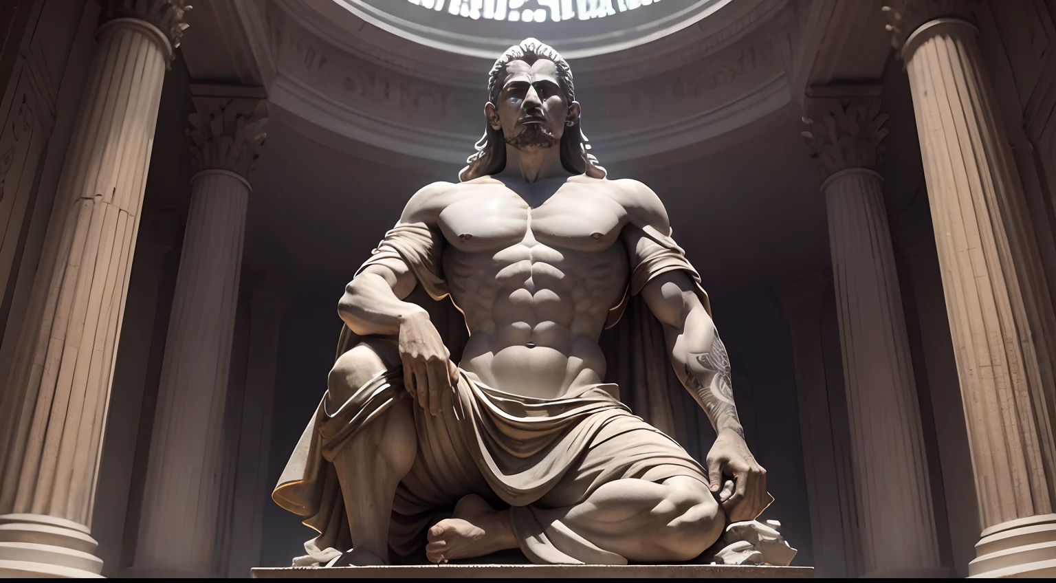 Stoic statue, with an expression of anger, usando manto e tunica longo sobre todo o corpo, Noite escura, fundo grego antigo do templo, 35 mm, lateralmente, Filmado em Sony A7S III com Sony FE 35mm f/1.8, 12.1 MP, --AR 3:2 --estilo cru