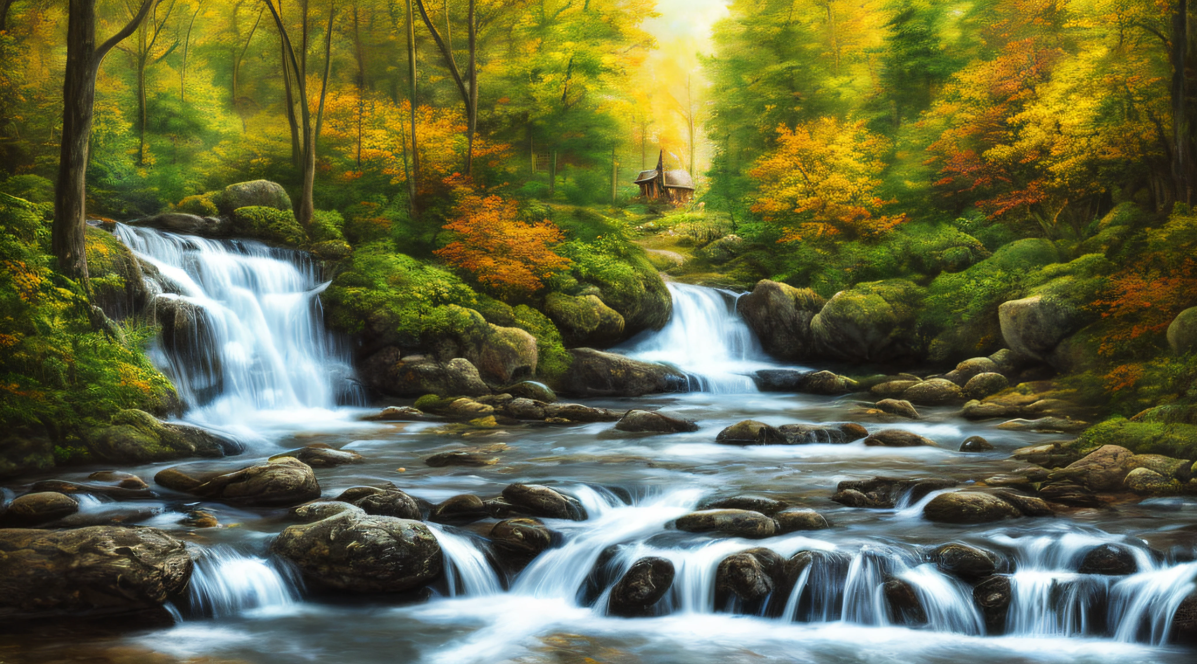 painting of a cabin in a mountain stream with a waterfall, 4 k oil painting, beautiful oil matte painting, oil painting 4 k, oil painting 4k, cottage in the forest, beautiful oil painting on canvas, beautiful digital painting, smooth oil painting, beautiful art uhd 4 k, 8 k hd detailed oil painting, oil digital painting