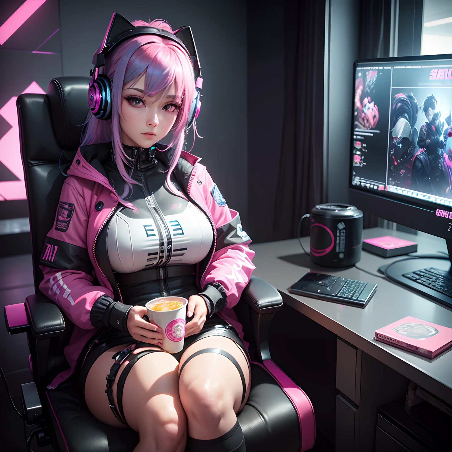 High detail CG,rich details,E-sports hotel,Instant noodles,cyber punk style,Esports girls,Wears cyberpunk-style headphones,Blue-pink hair,Sit in a gaming chair,The art of clocking in