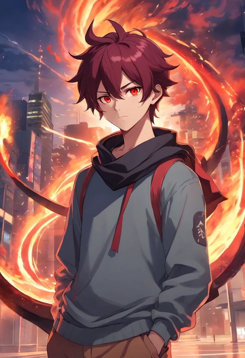 A young demon man of with big dark red hair very messy with small black horns on the forehead very dark red eyes a gray long-sleeved sweatshirt with black apocalypse style details a scarf with a long gray pants with a look of tired and lazy a relaxed posture holding a lava scythe