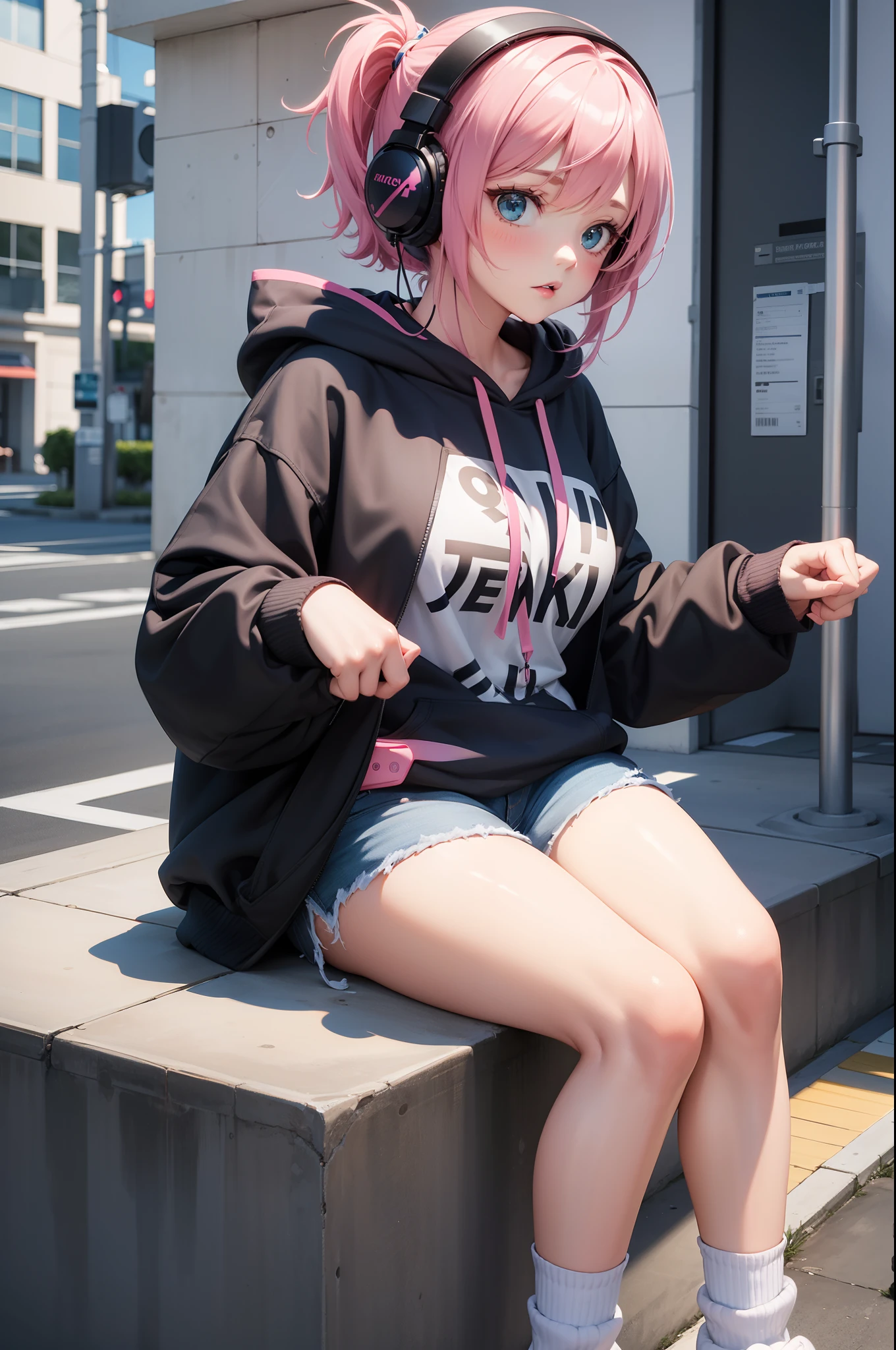 1girl, hoodie, large breasts, baggy shirt, short shorts, pink hair, headphones, socks, white socks