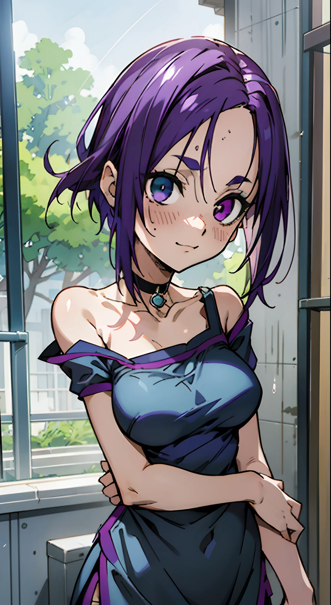 masutepiece, Best Quality, Ultra-detailed, Off-the-shoulder clothing, Colorful,Up-close, Hyper-detailing,purple color hair, Reo Mikage, Blue Lock, no sleeves, Camisole, Blue Camisole, Cheongsam, chinese clothes, Chest exposure, Underwear, Ruffled underwear, Metamorphosis is exposed, Choker, Black Choker, arm warmer, Sexy breasts, Scar, Big breasts, red blush, 1girl in, Solo, Sharp face, Heterochromia, Green eyes, Purple eyes, Bare neck, Happy face, rays of sunshine, Brave Sky, shining sky, Shanghai Village, Slums