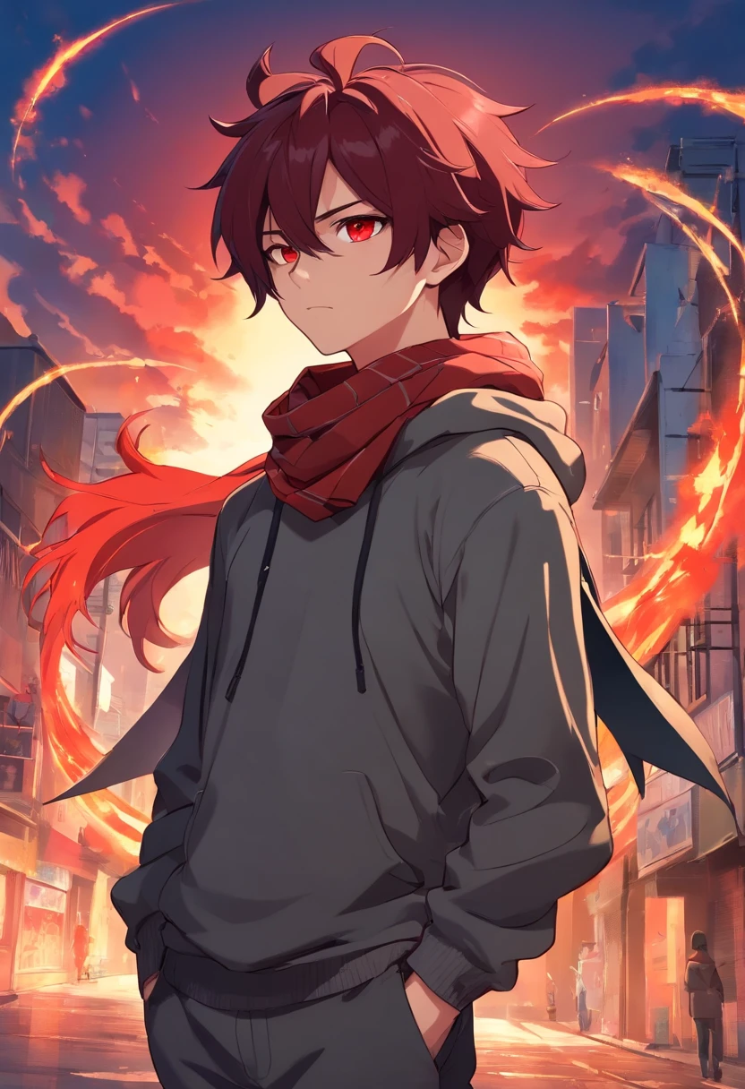 A young demon man of 17 years with big dark red hair very messy with small black horns on the forehead very dark red eyes with black sclera a gray long sleeve sweatshirt with black apocalypse style details a scarf with a long gray pants look tired and lazy a relaxed posture holding a lava scythe