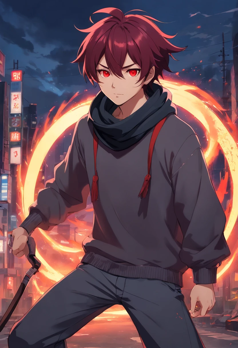 A young demon man of with big dark red hair very messy with small black horns on the forehead very dark red eyes with black sclera a gray long sleeve sweatshirt with black apocalypse style details a scarf with a long gray pants look tired and lazy a relaxed posture holding a lava scythe