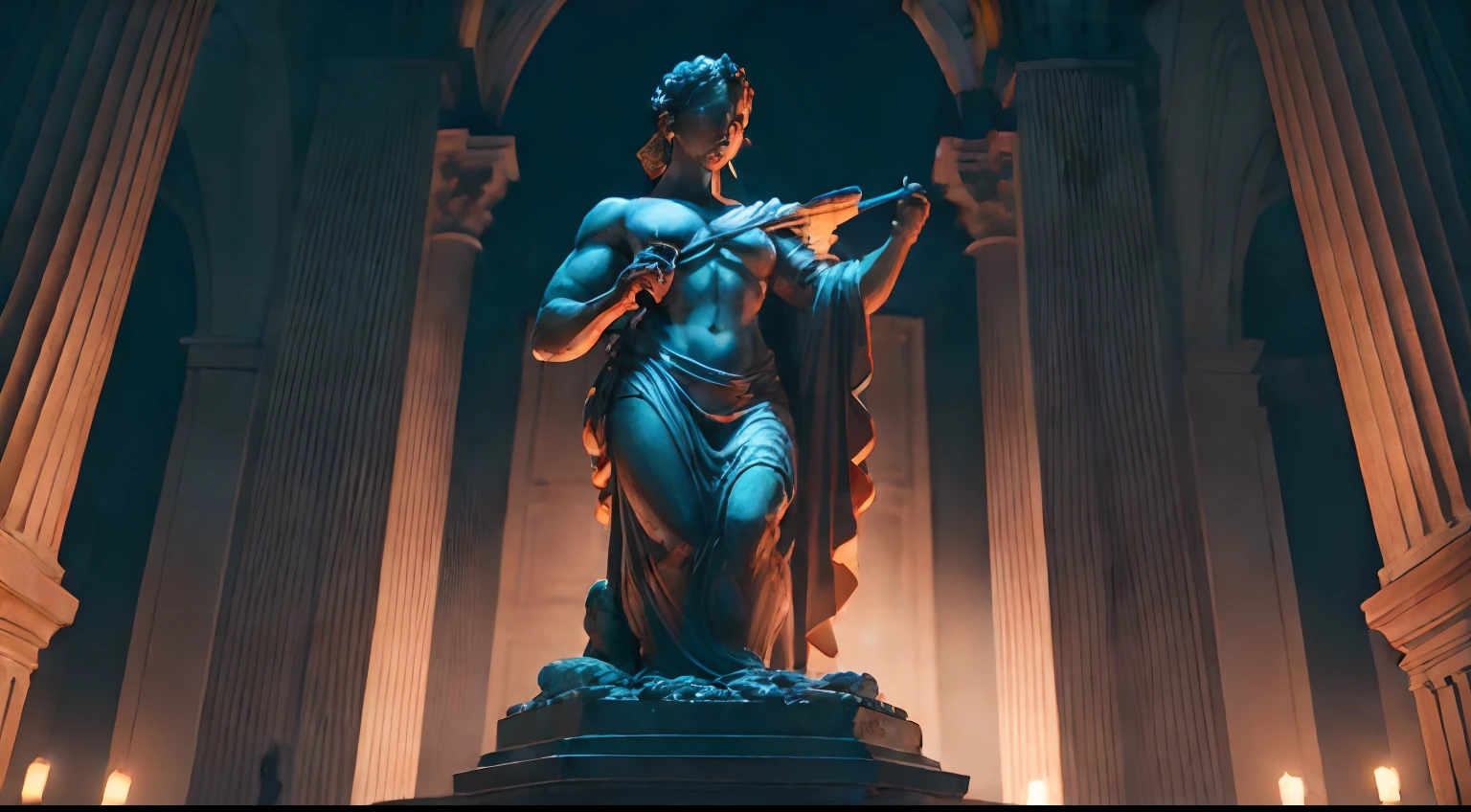 Stoic statue, with an expression of anger, usando manto e tunica longo sobre todo o corpo, Noite escura, ao ceu aberto, 35 mm, lateralmente, Filmado em Sony A7S III com Sony FE 35mm f/1.8, 12.1 MP, --AR 3:2 --estilo cru