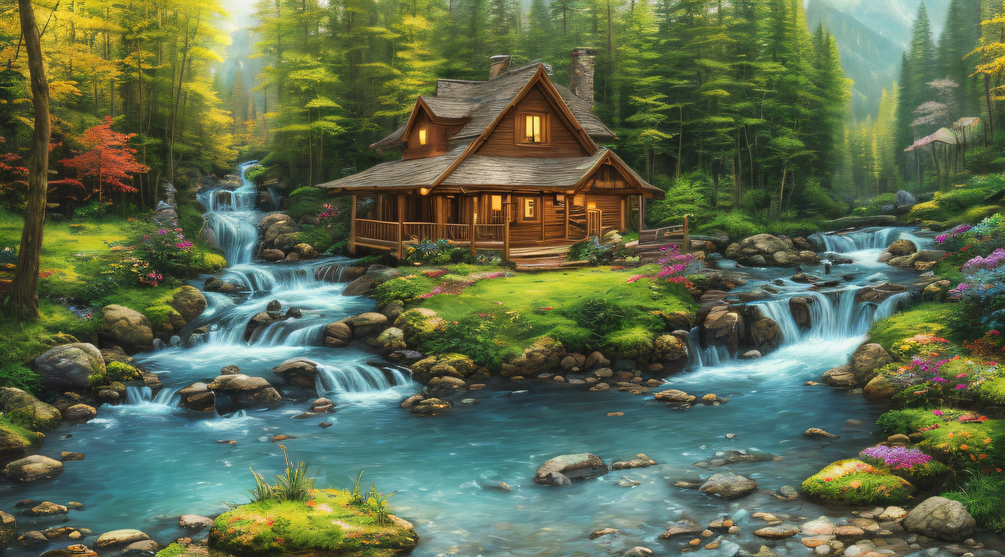 Painting of a cabin in the woods with a stream running through it ...