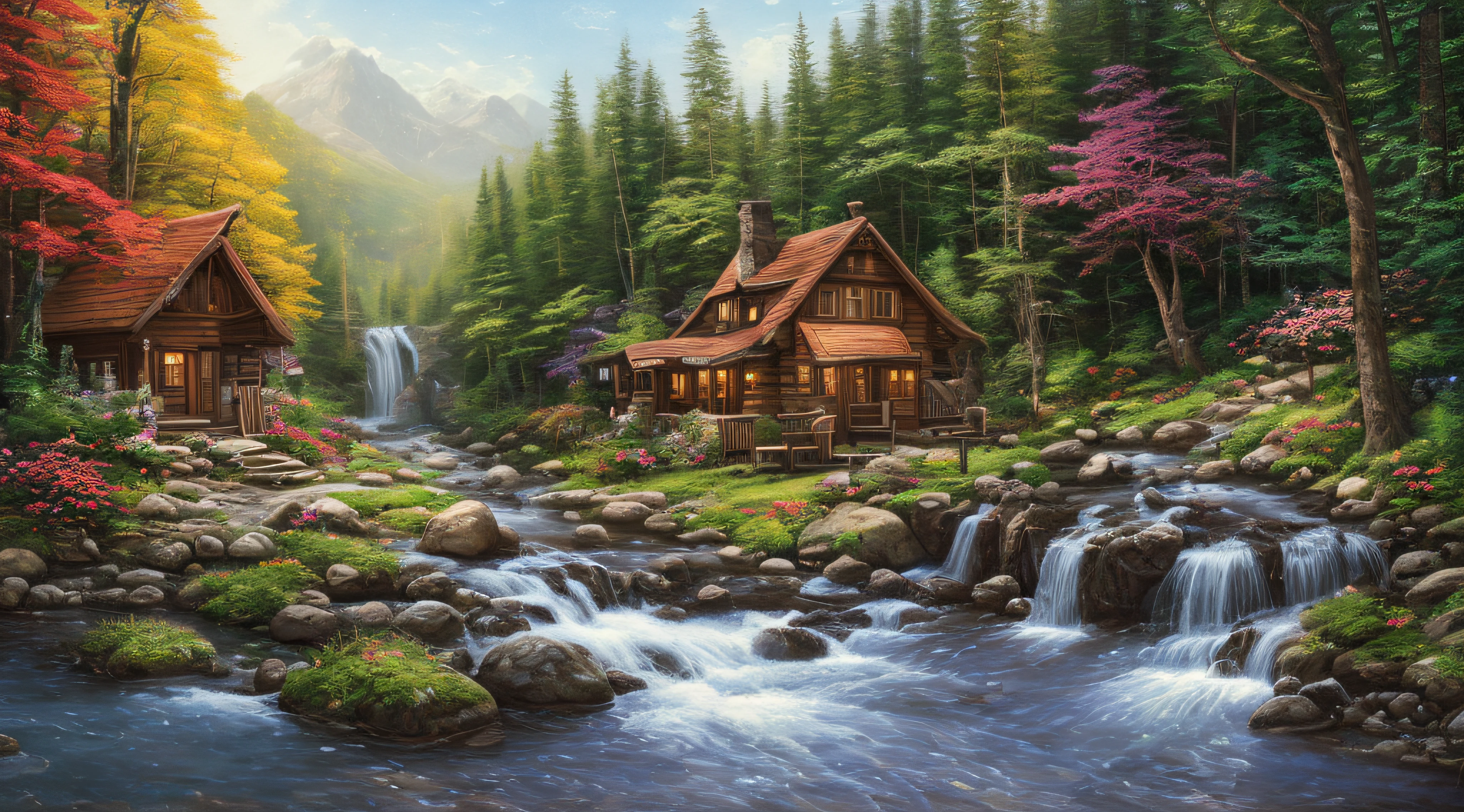 painting of a cabin in a mountain stream with a waterfall, 4 k oil painting, beautiful oil matte painting, oil painting 4 k, oil painting 4k, cottage in the forest, beautiful oil painting on canvas, beautiful digital painting, smooth oil painting, beautiful art uhd 4 k, 8 k hd detailed oil painting, oil digital painting, Inspired by Thomas Kinkade.