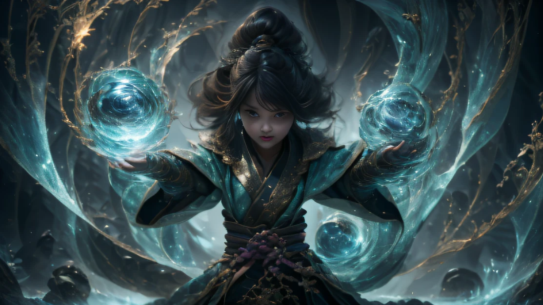((45 degree shooting angle))(1girll:1.2)Fantasy brunette fairy tales,(absurderes, A high resolution, ultra - detailed, hdr), tmasterpiece, best qualityer, goodlooking,Eyes, eyes with brightness, hole in the mountains, Girl, Arrogant guy, full bodyesbian, Magic Vortex, ice flower, swirles, Halo Black, Black cloudy sky, Abyss, abstract backgrounds, in the side, Found it, jumpping(1girll:1.2)gold(((swirles)))((Collect ice crystals in your hands))