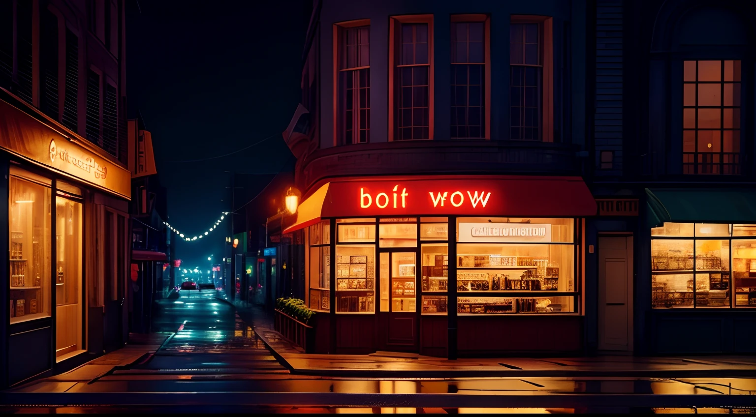 Generate an image of a deserted, rainy night street with a café boasting a brilliantly lit sign, illuminated by the soft glow of streetlights