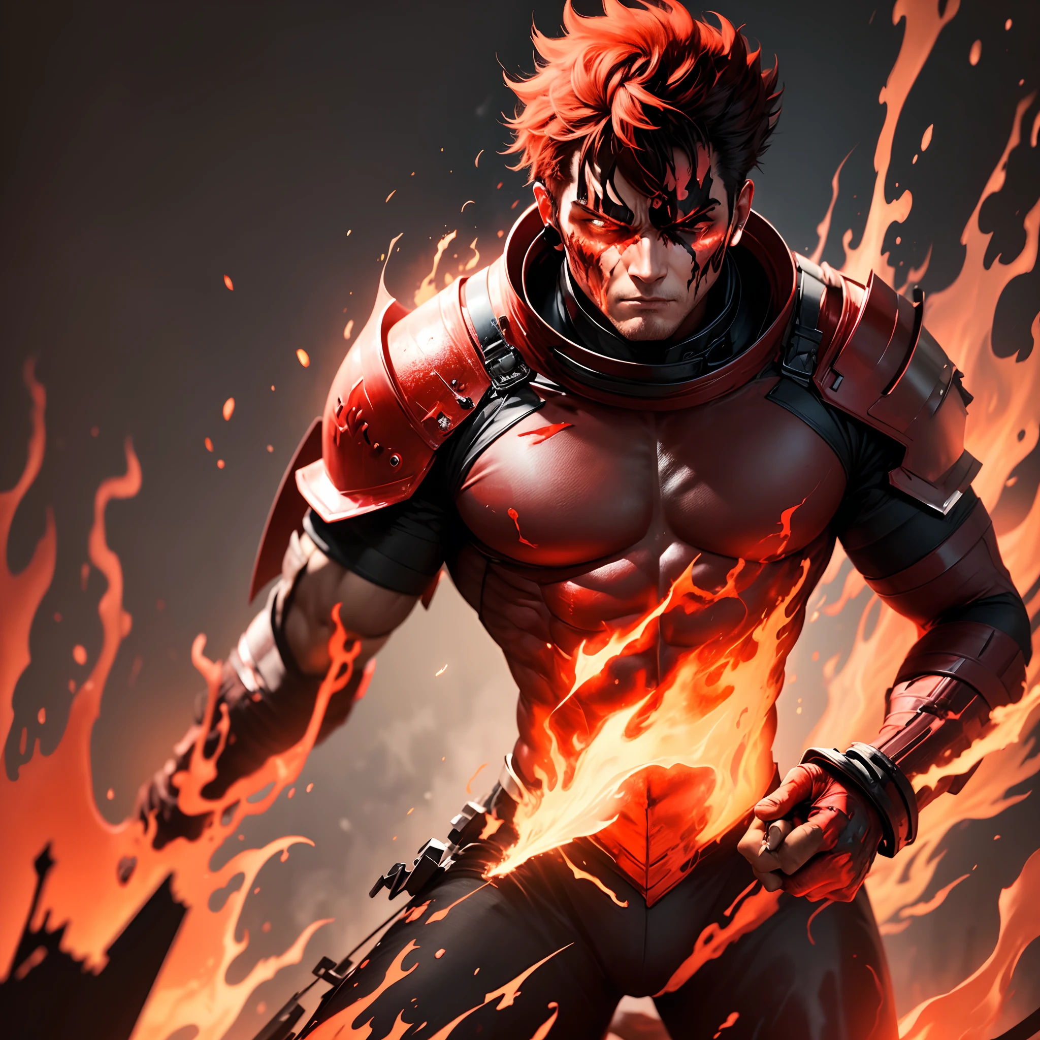 A man made of red and black fire and a fire covering his body and he is tired of the battle and ready to extinguish all his energy while he is in a state of extreme anger