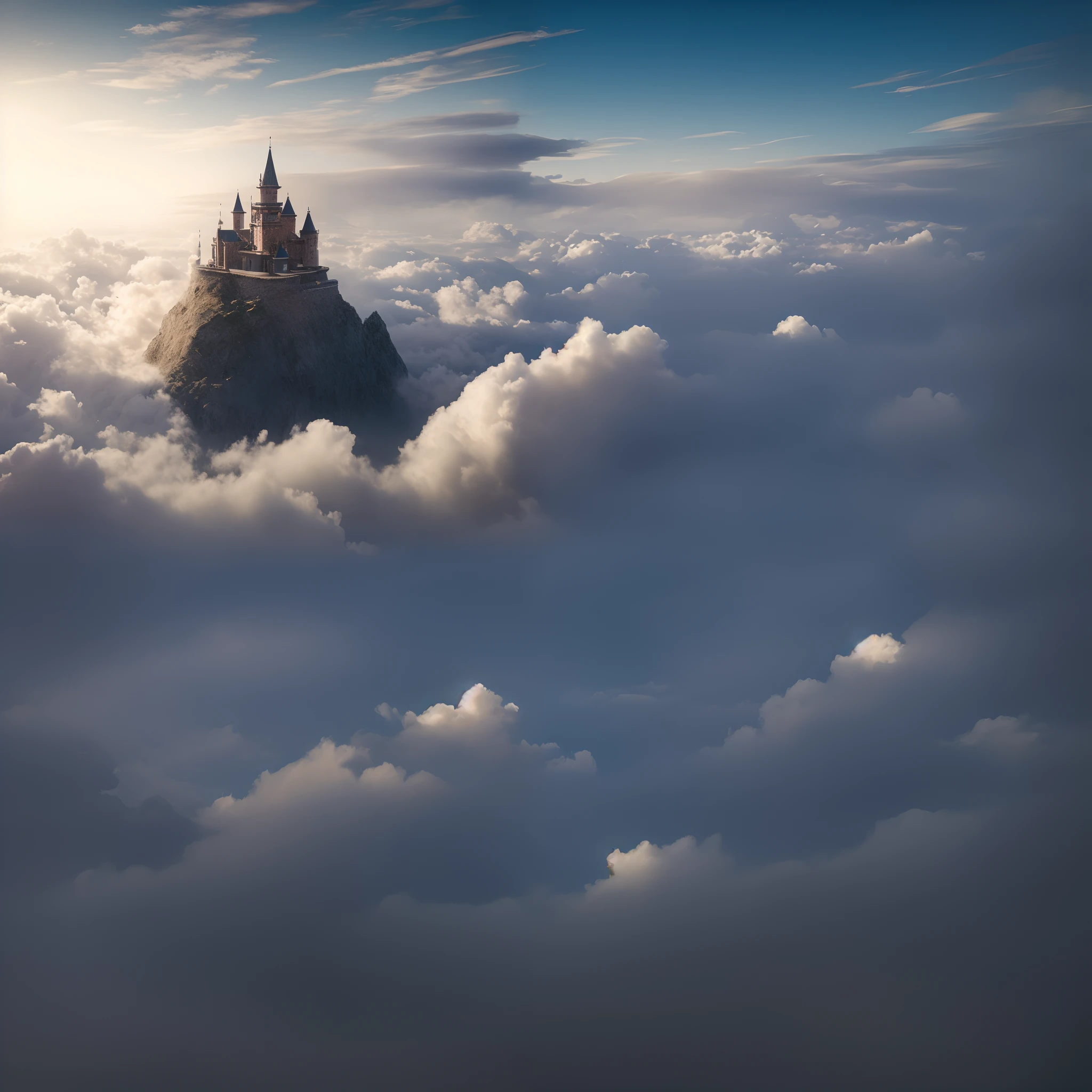 there is one castle on a mountain with a sky background, castle in the clouds, palace floating in the sky, abandoned castle in the sky, castles floating in mid air, fantasy castle, misty castle, beautiful castle, high quality fantasy stock photo, flying castle, castle in the sky