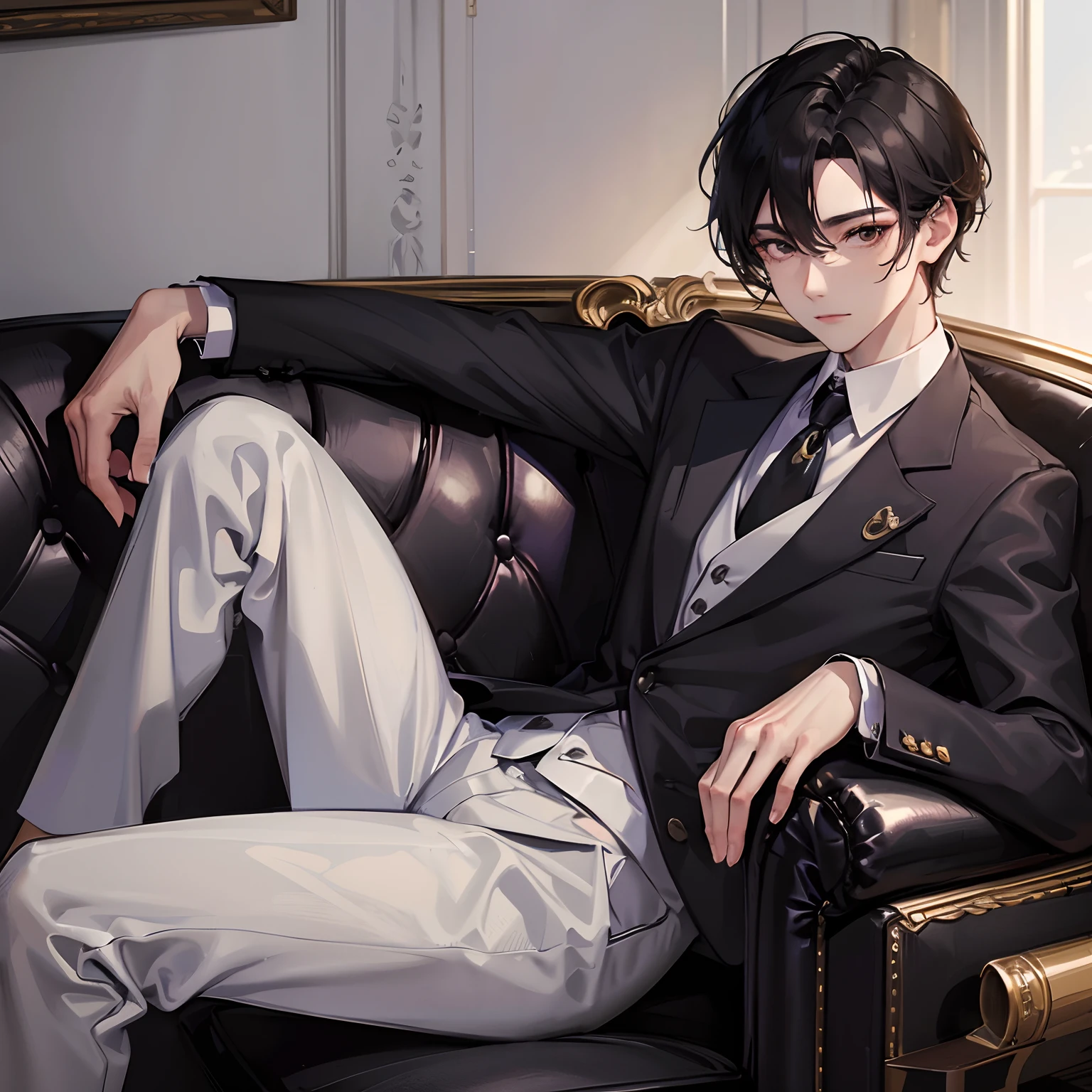 Adonis、Dressed in a suit、Boy with black hair、Straight face、A detailed face、1 boy、Classic、Arrogant man、top grade、Center division、Forehead、Mole、One Man、A sexy、Sit on a luxury sofa