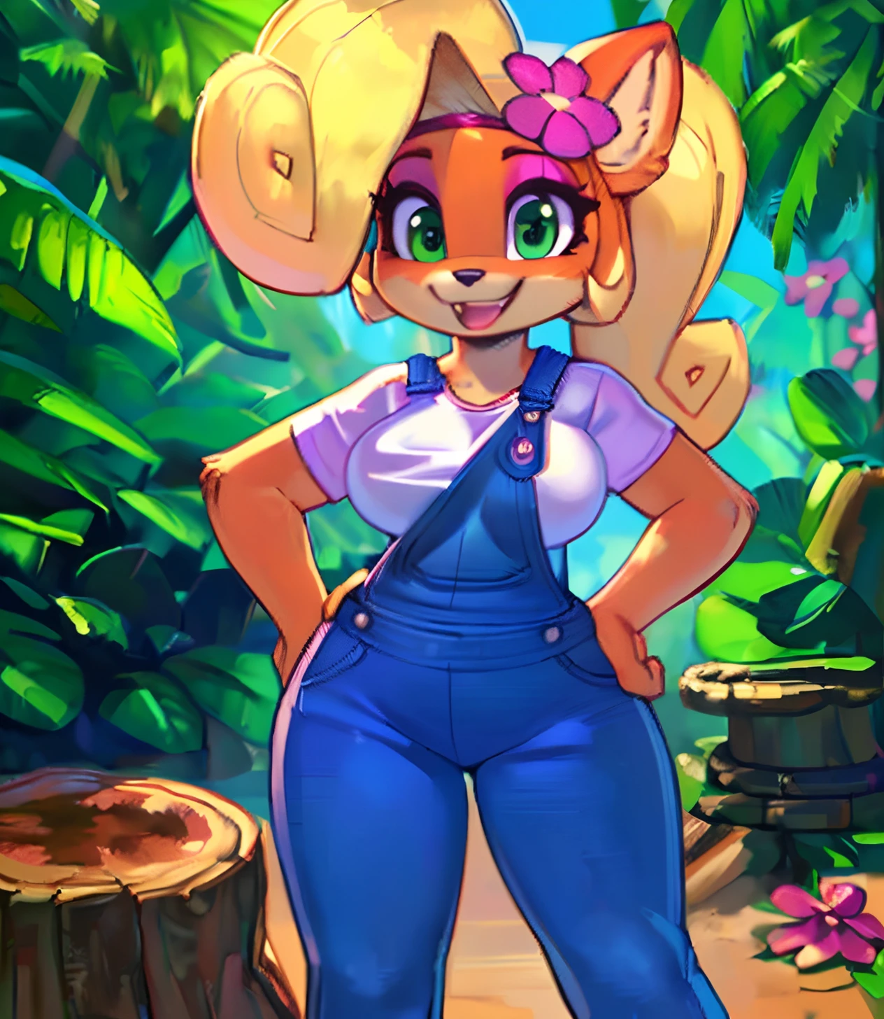 [Coco bandicoot], [Uploaded to e621.net; (Pixelsketcher), (wamudraws)], ((masterpiece)), ((high quality)), ((HD)), ((solo portrait)), ((full body)), ((furry; anthro)), ((detailed fur)), ((detailed shading)), ((beautiful 2D art)), ((front view)), ((shoes visible)), ((intricate details)), {anthro; orange fur, black nose, (cute green eyes), (pink eyeshadow), (excited smile), (mouth open), blonde curly hair, curly ponytail, (curvy hips), (petite)}, {(white shirt), (small boobs), (blue denim overalls), (tight pants), (pink sneakers), (pink flower on head)}, {(standing), (hands on hips)}, [background; (tropical forest), (tree stump), (sun rays), (pink laptop)]