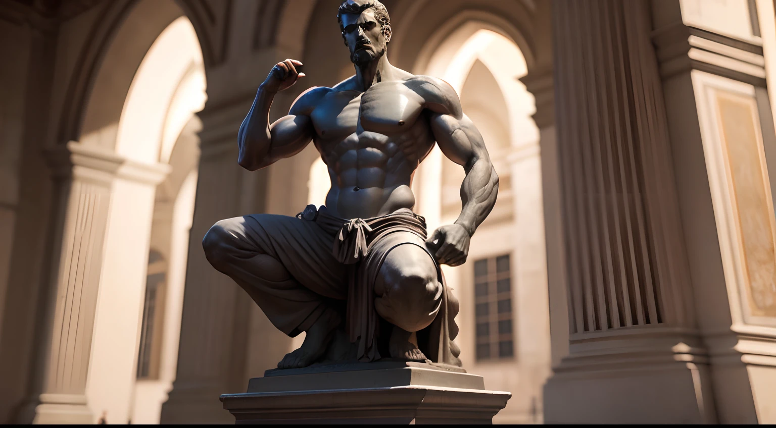 Stoic statue, with an expression of anger, usando manto e tunica longo sobre todo o corpo, Noite escura, fundo grego antigo do templo, 35 mm, lateralmente, Filmado em Sony A7S III com Sony FE 35mm f/1.8, 12.1 MP, --AR 3:2 --estilo cru