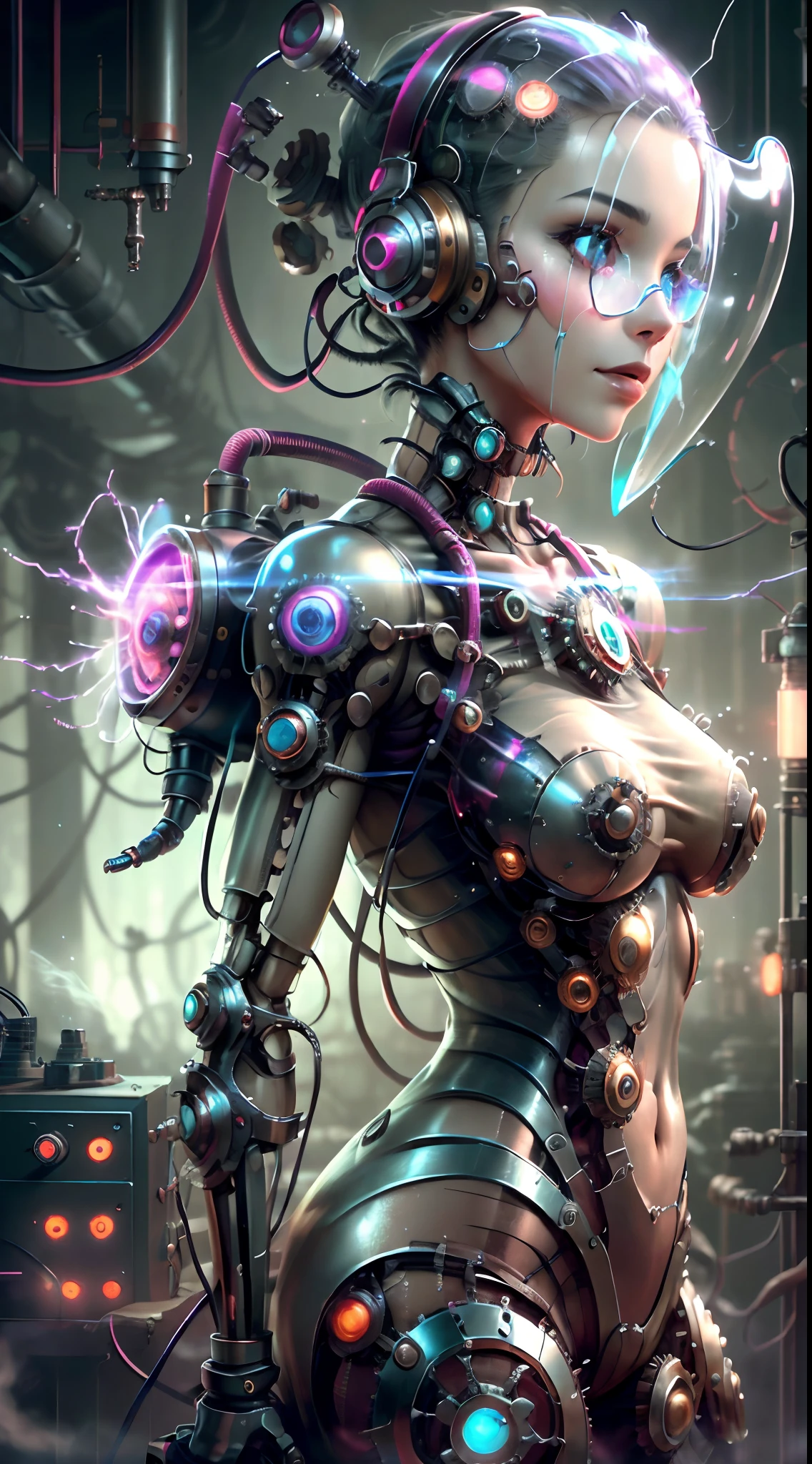Topic prompts "Atomic heart, Mechanical girl" as follows: Atomic heart,(Valve Punk AI:Mechanical girl),With glass mask,Shiny metal skin,Mechanical body parts,Mechanical gears and gears, [Meticulous, Surgical precision],(standing in road),Science fiction art style,Vibrant colors,High-res,Ultra-detailed,Realistic lighting effects,Bokeh.