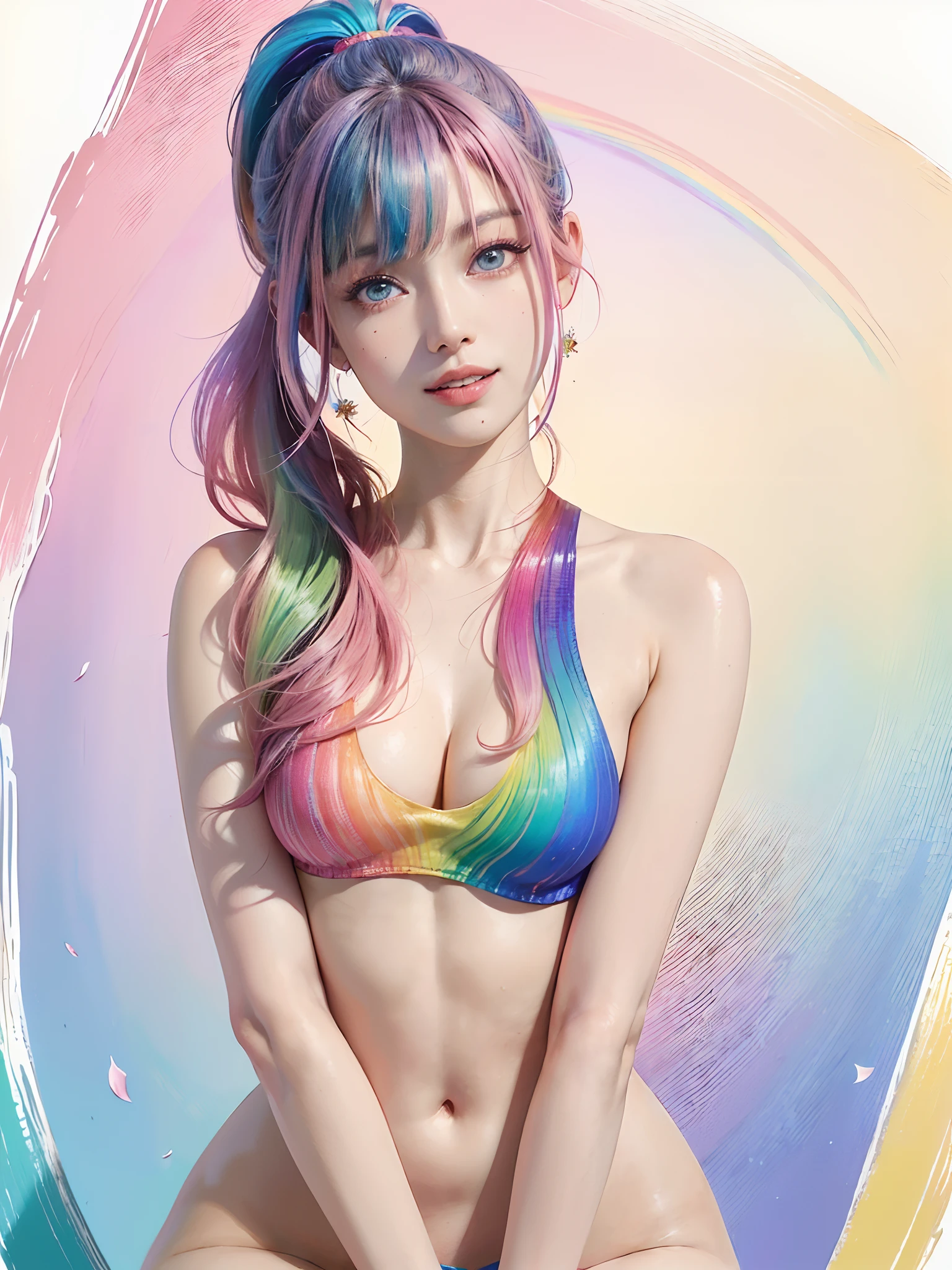 (SFW、masuter piece、Best Quality、masutepiece、top-quality、Top image quality、extremely beautiful lady)、(Pink fashion T-shirt:1.9)、(colourful hair:1.8)、(all the colours of the rainbow:1.8)、((((Vertical Painting:1.6)))、(Painterly:1.6)、frontage、comic strip、illustratio、Painterly、big eye、Sheer eyes、(Iridescent gradient high ponytail:1.7)、Exquisite makeup、Mouth closed、(Small fresh:1.5)、(Wipe Chest:1.6)、long eyeslashes、White off-the-shoulder T-shirt、White shoulder shirt、looking at the spectator、Large watery eyes、(rainbow-colored hair:1.6)、 color splashes, (独奏:1.8), color splashes, Color explosion, Thick paint style, Messy lines, ((Shines)), (colourfull), (colourfull), colourfull, colourfull, Chic paint style, (Splash) (color splashes), Vertical Painting, The upper part of the body, Paint splashes, Acrylic Pigment, gradients, paint, Top image quality, Top image quality, ​masterpiece, 独奏, depth of fields, facepaint, colourful clothes, (elegent: 1.2), Gorgeous,length hair, the wind, (elegent: 1.3), (flower petals:1.4)、(((​masterpiece)))、(((top-quality)))、((ultra-detailliert))、(illustratio)、(dynamic ungle)、((Planktonic))、(paint)、((dishevled hair))、(独奏)、(1girl in)、((Detailed anima face)))、((beautifull detailed face))、collars、bare shoulders​、white  hair、((colourful hair))、(((striated hair))、beatiful detailed eyes、(Gradient color eyes)、(((Colorful eyes))))、(colorful backdrop))))、((((a high chroma))))、(((Surrounded by colorful splashes)))、lightbrown hair、Intense crystal light blue eyes、Highlights in the eyes、Look firmly at the camera、((extremely beautiful lady、NSFW Anything?、masuter piece、Highest Standards、top-quality、Top image quality、超A high resolution、Symmetrical beauty、Add strong highlights to the eyes))、Be bold in the crotch、very massive udder、Exposed udder、Beautiful areola、protruding papillae、(huge-breasted)、portlate、Perfect Angle、acrobatic pose、(Professional quality、hight resolution)、perfect contrast、Perfect litthing、perfect-composition、flawless skin、perfect hand、Perfect finge