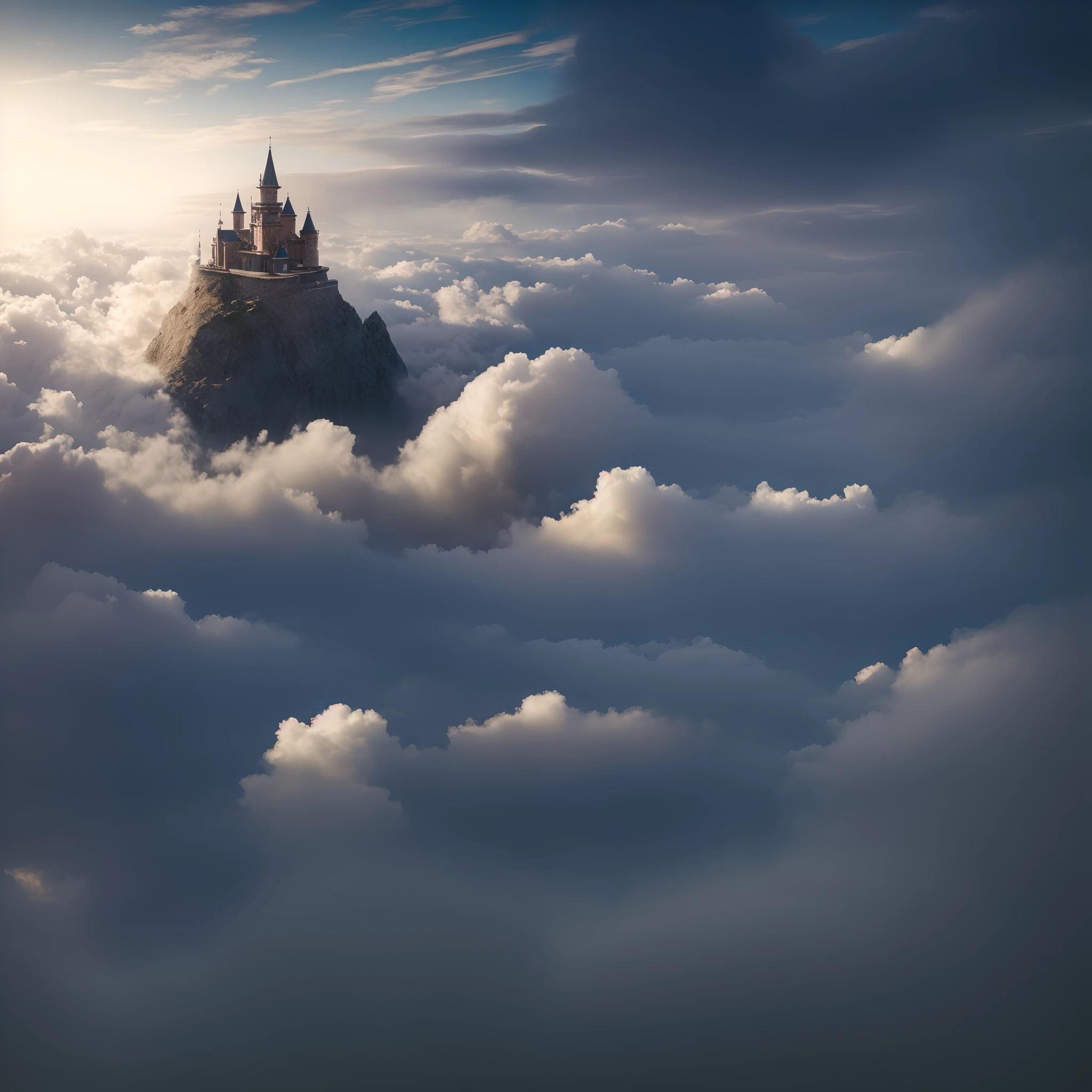 there is one castle on a mountain with a sky background, castle in the clouds, palace floating in the sky, abandoned castle in the sky, castles floating in mid air, fantasy castle, misty castle, beautiful castle, high quality fantasy stock photo, flying castle, castle in the sky