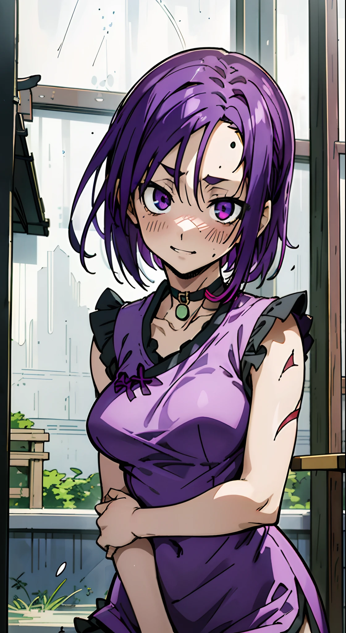 masutepiece, Best Quality, Ultra-detailed, Colorful,Up-close, Hyper-detailing，purple color  hair, Reo Mikage, Blue Lock, no sleeves, Camisole and cheongsam, chinese clothes, Chest exposure, Underwear, Ruffled underwear, Metamorphosis is exposed, Choker, Black Choker, arm warmer, Sexy breasts, Scar, Big breasts, red blush, 1girl in, Solo, Sharp face, Heterochromia, Green eyes, Purple eyes, Bare neck, Happy face, rays of sunshine, Brave Sky, shining sky, Shanghai Village, Slums