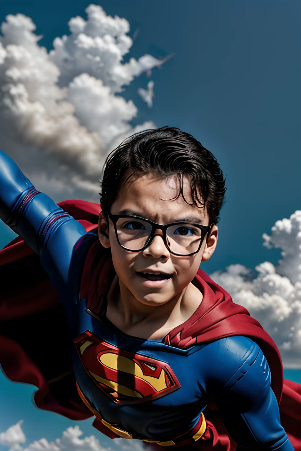 Create a scene featuring a young Superman boy wearing glasses, soaring through the sky with confidence and determination. Capture the exhilaration of flight, with billowing clouds below and a bright blue sky above. Ensure meticulous attention to detail, from the iconic costume to the flowing cape, and emphasize the sense of empowerment and adventure.