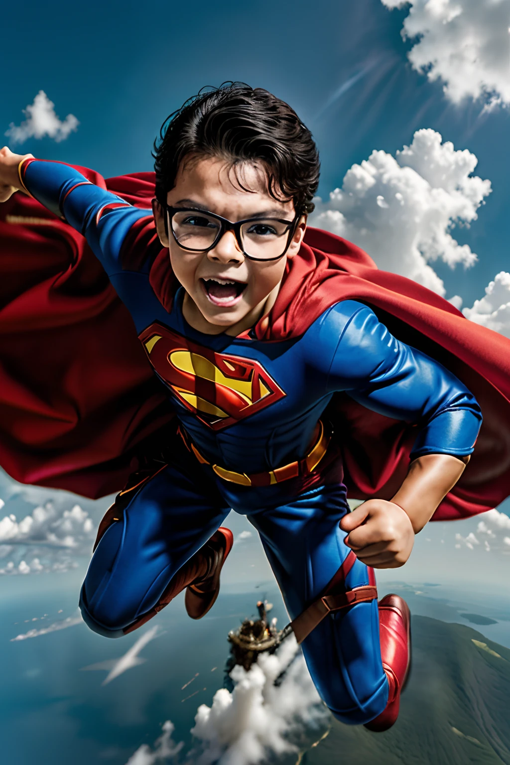 Create a scene featuring a young Superman boy wearing glasses, soaring through the sky with confidence and determination. Capture the exhilaration of flight, with billowing clouds below and a bright blue sky above. Ensure meticulous attention to detail, from the iconic costume to the flowing cape, and emphasize the sense of empowerment and adventure.