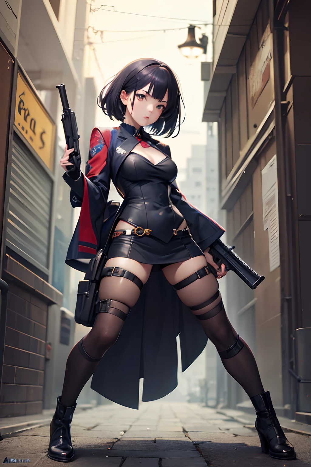 Highest quality、masterpiece、High sensitivity、High resolution、Detailed Description、Slender women、Riders jacket、High heel boots、With an iron pipe in his hand、Slums、