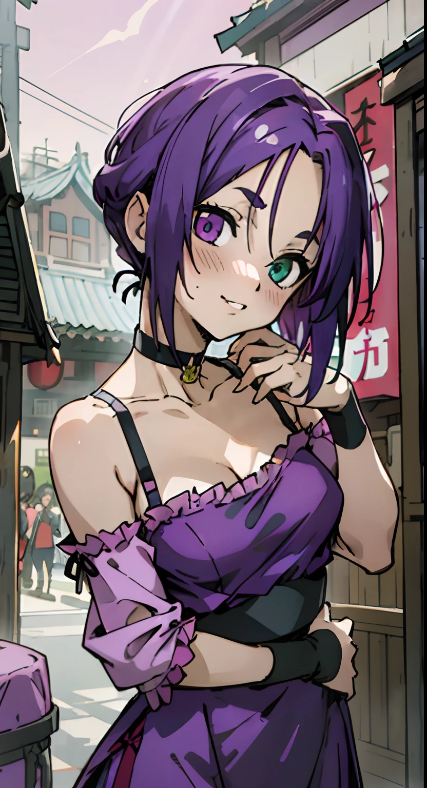 Masterpiece, Best quality, Ultra-detailed, Off-the-shoulder attire, Colorful,take up close, Hyper-detailing,purple color hair, reo mikage, bluelock, no sleeves, camisole and cheongsam, long cheongsam, chinese clothes, chest exposure, underwear, frilly underwear, the kinky is exposed, choker, black choker, arm warmers, sexy breasts, scar, big breasts, red blush, 1girl, Solo, sharpy face, heterochromia, green eyes, purple eyes, Bare neck, happiness face, rays of sunshine, brautiful sky, shining sky, shanghai village, slum town