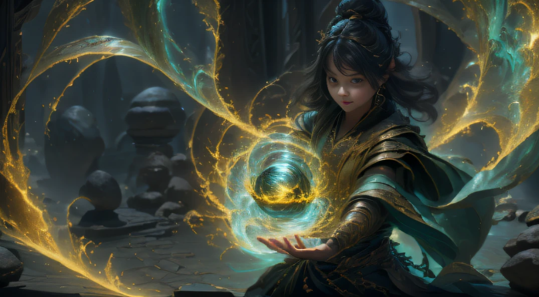 (1girll:1.3)Fantasy brunette fairy tales，(absurderes, A high resolution, ultra - detailed, hdr), tmasterpiece, best qualityer, goodlooking,Eyes, eyes with brightness, black mantle, Girl, Arrogant guy, full bodyesbian, Magic Vortex, spark of light, swirles, Halo Black, Black cloudy sky, Abyss, abstract backgrounds, in the side, Found it, jumpping(1girll:1.3)Yellow-gold（（（swirles）））（(Collect gas in your hands)）