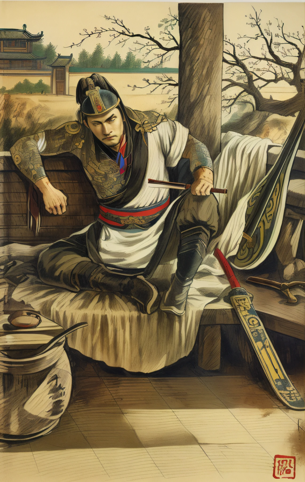 ((Unreal Engine 5)), Realistic rendering, Excellent, (Shirtless tattoos), (Chinese courtyard), (lute), Painting a Song Dynasty warrior sitting on a bench with a fan, Next to it are knives and lutes，Inspired by Chen Danqing, Chinese Warrior，author：Zhang Daqian was inspired by Yang Borun, Fanart, by Ni Yuanlu, Inspired by De Dunbon, inspired by Wang Jian, author：Chen Danqing, inspired by Lu Zhi, author：Yoon Du-seop