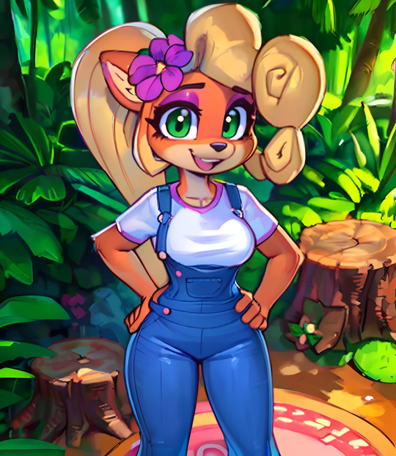 [Coco bandicoot], [Uploaded to e621.net; (Pixelsketcher), (wamudraws)], ((masterpiece)), ((high quality)), ((HD)), ((solo portrait)), ((full body)), ((furry; anthro)), ((detailed fur)), ((detailed shading)), ((beautiful 2D art)), ((front view)), ((shoes visible)), ((intricate details)), {anthro; orange fur, black nose, (cute green eyes), (pink eyeshadow), (excited smile), (mouth open), blonde curly hair, curly ponytail, (curvy hips), (petite)}, {(white shirt), (small boobs), (blue denim overalls), (tight pants), (pink sneakers), (pink flower on head)}, {(standing), (hands on hips)}, [background; (tropical forest), (tree stump), (sun rays), (pink laptop)]