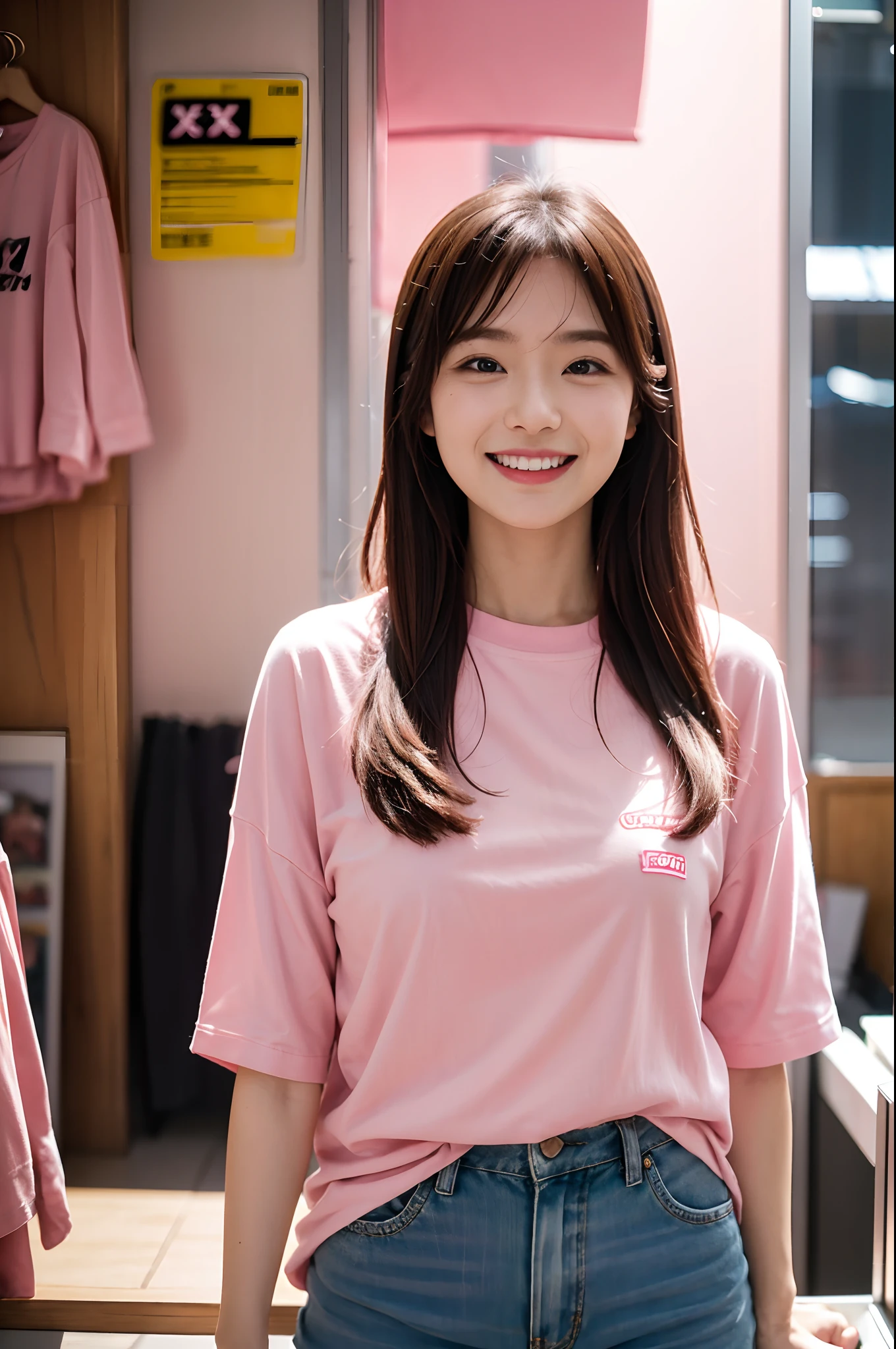 there is a woman standing in a store with a pink shirt, captured on canon eos r 6, shot on canon eos r 5, shot on canon eos r5, taken with canon 8 0 d, taken with canon eos 5 d mark iv, earing a shirt laughing, chiho, lofi girl, shot on nikon z9