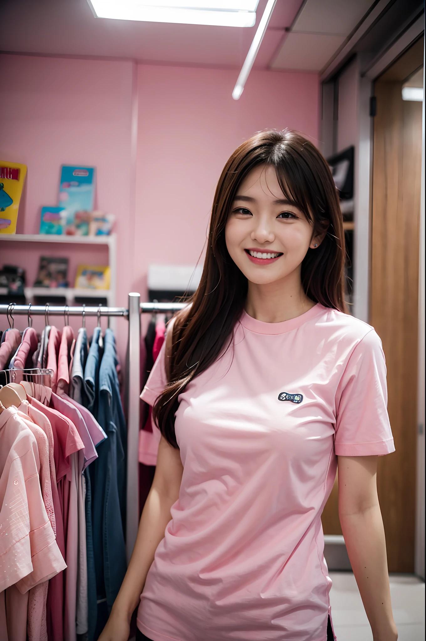 there is a woman standing in a store with a pink shirt, captured on canon eos r 6, shot on canon eos r 5, shot on canon eos r5, taken with canon 8 0 d, taken with canon eos 5 d mark iv, earing a shirt laughing, chiho, lofi girl, shot on nikon z9