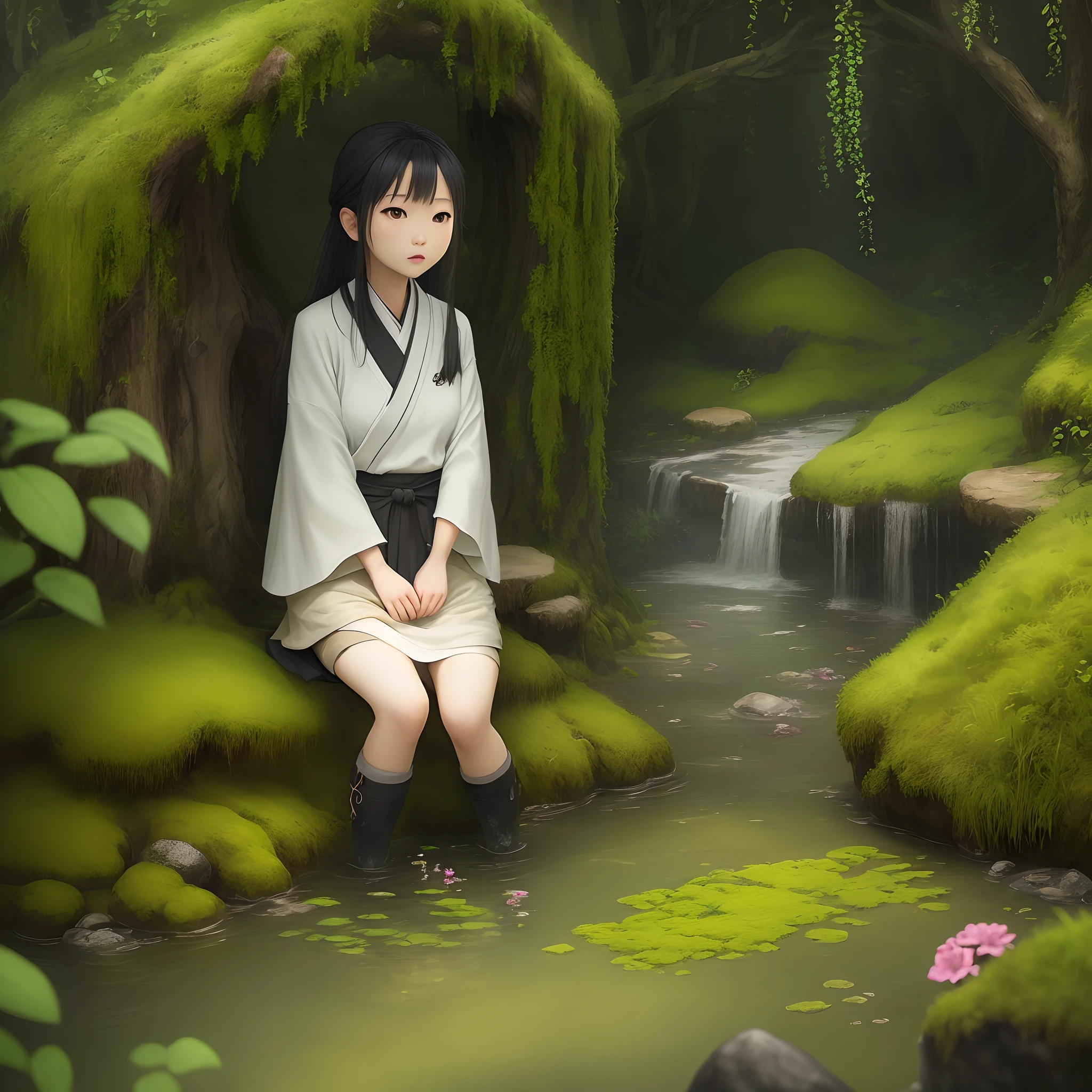 Woman sitting near river with feet dipped in water, young asian girl, young asian girl, young Japan girl, cute young girl, young cute cute girl, standing in shallow river, hyperrealist portrait in river, water, jungle river, Japan teenage portrait, Asian girl with long hair
2 --auto --s2