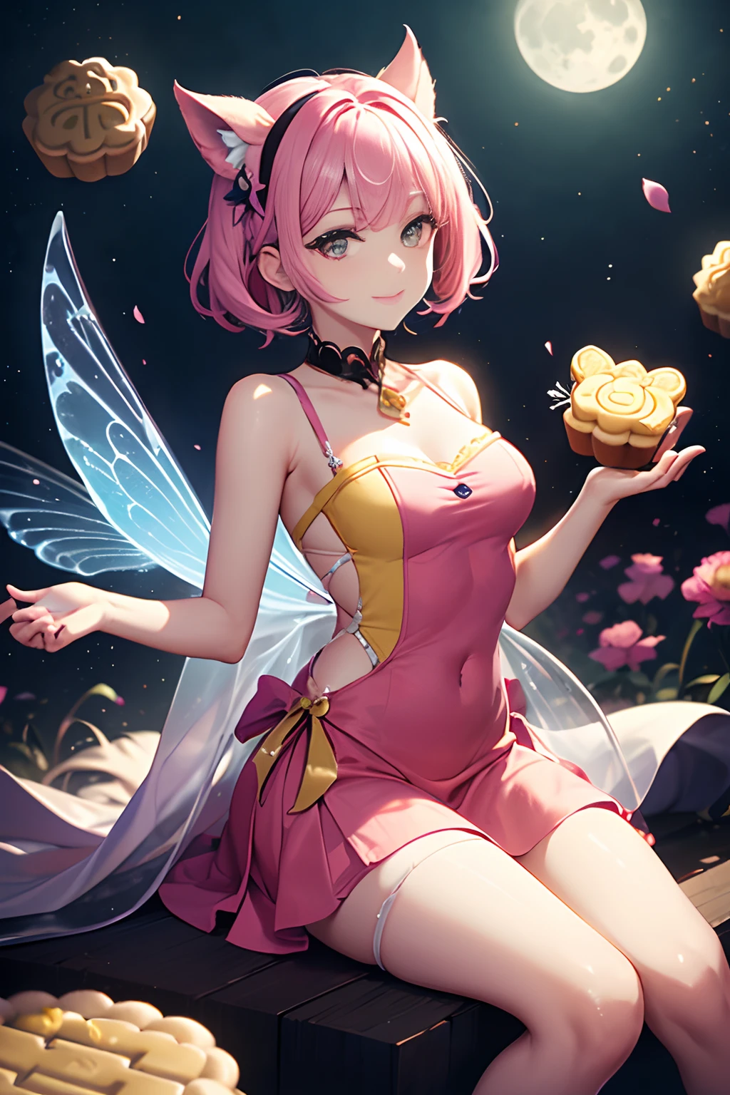Photo, Photorealism, Photorealistic, full_body shot, female fairy, (fairy wing:1.5), (Wearing colorful clothes that hide body:1.5), (Eating grapes with its hands:1.5), gigantic saggy breasts, Daylight lighting, cinematic pose