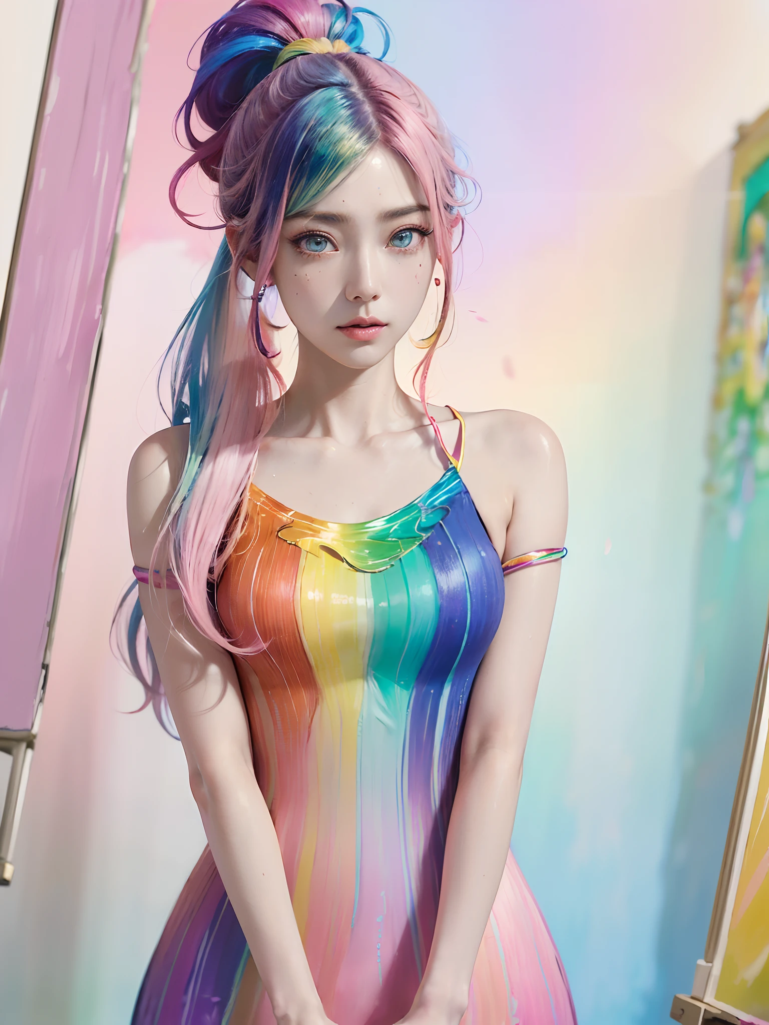 Full Body Portrait、(Pink Fashion T-Shirt:1.9)、(colourful hair:1.8)、(All colors of the rainbow:1.8)、((((vertical painting:1.6)))、(painterly、:1.6)、front Face、comic、An illustration、painterly、、big Eyes、Crystal clear eyes、(Iridescent gradient high ponytail:1.7)、Exquisite makeup、mouth closed、(Small fresh:1.5)、(Wipe chest:1.6)、long eyelash、white off-Ang-shoulder T-shirt、、White shoulder shirt、Looking at the audience、Big watery eyes、(Iridescent hair:1.6)、 color splash, (solo、:1.8), color splash, Color explosion, Thick paint style, Messy lines, ((resplendent)), (COLORFUL), (COLORFUL), COLORFUL, COLORFUL, Chic paint style, (Splash) (color splash), vertical painting, upperbody, Paint Splash, Acrylic pigments, gradients, painti, highest quality, highest quality, Master peace、, solo、, depth offield, face-paint, colorfully clothes, (elegantly: 1.2), Gorgeous,slong hair, Wind, (elegantly: 1.3), (flower petals:1.4)、(((Master peace、)))、(((sthe highest qualit)))、((Super Detailed))、(An illustration)、(dynamic ungle)、((floating))、(painti)、((Tousled Hair))、(solo、)、(1女の子)、((Detailed Anima Face)))、((Beautiful Detailed Face))、collared、Bare Shoulder、white haired、((colourful hair))、(((streaked hair))、Beautiful Detailed Eyes、(Eyes in gradient colors)、(((colorful eyes))))、(colorful background))))、((((High Saturation))))、(((Surrounded by colorful splashes)))、