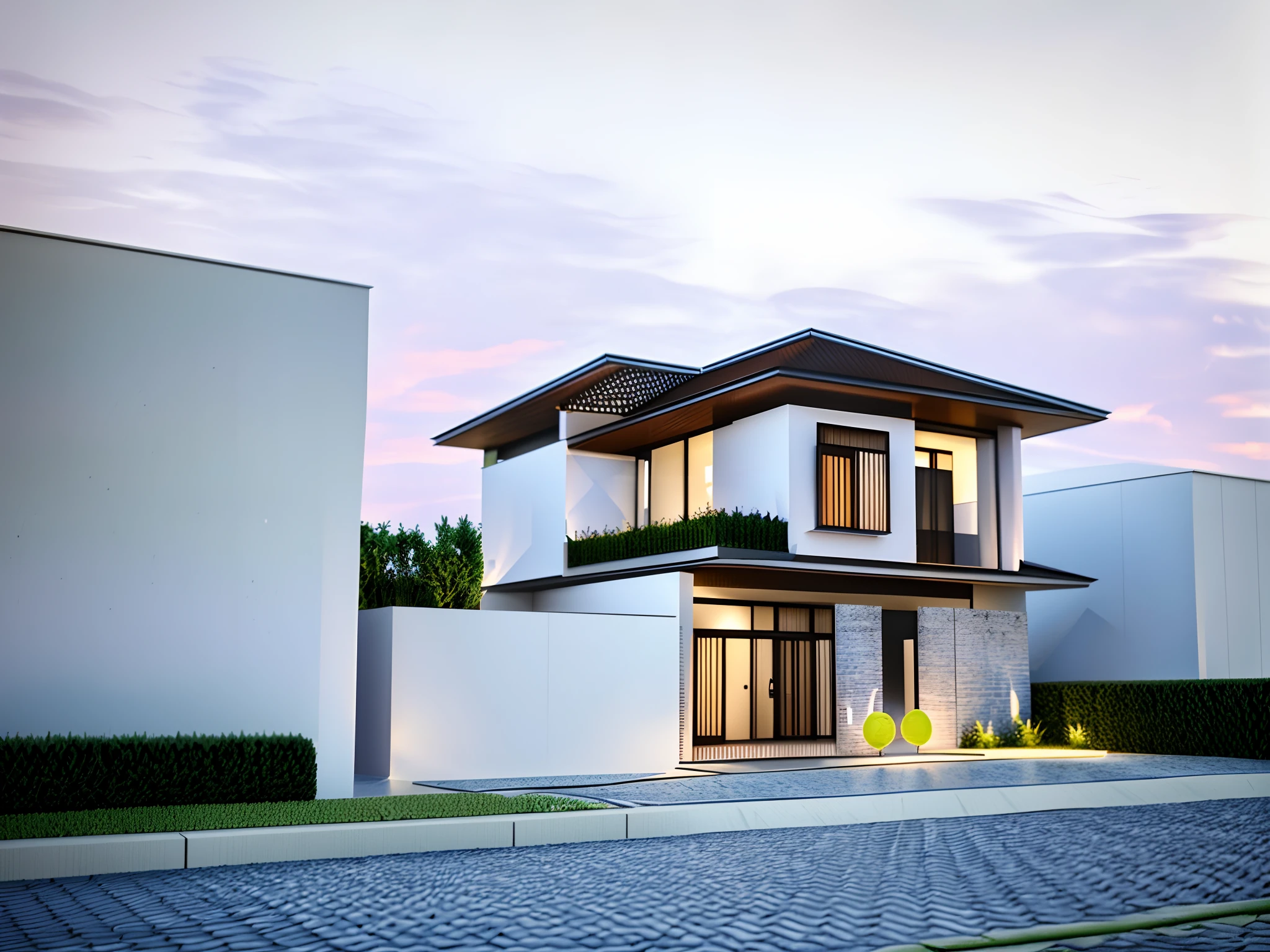 arafed house with a white exterior and a brick sidewalk, very realistic 3 d render, complete house, 3 d vray render, realistic 3 d render, realistic 3d render, in style of 3d render, vue 3d render, 3 d photorealistic render, render 3 d, 3d render, 3 d render, realistic render
