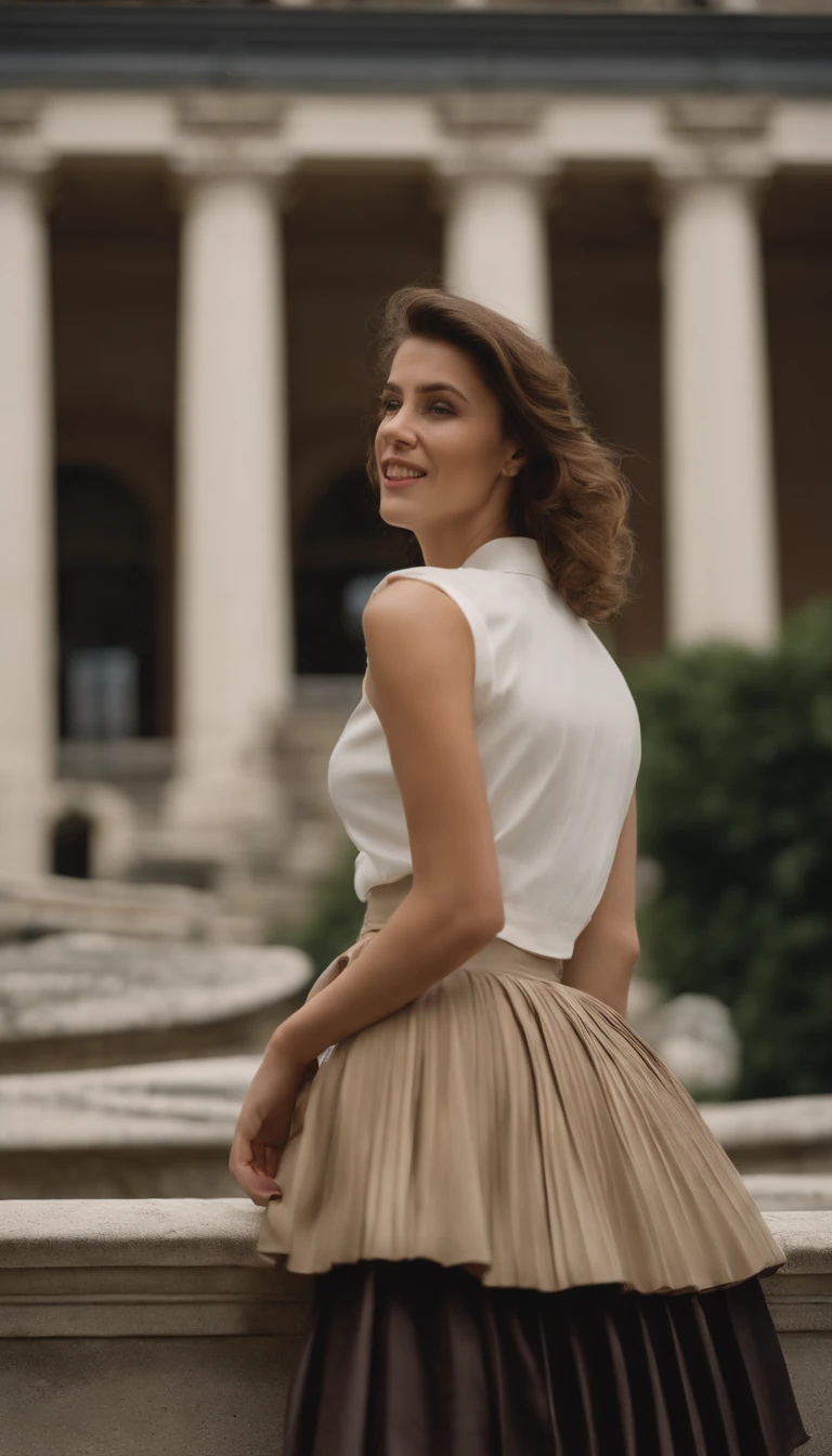 very (seductive:1,9) smiling attractive lesbian woman wearing short blazer and very very detailed (long (fully pleated) full circle skirt) and (simple) low heeled office shoes, very very intricate hyper-detailed symmetric (attractive graceful young feminine face) with (sad, tired eyes and a shy smile), large breasts, full of empathy and compassion and love, (pronounced (feminine) features), (highly detailed ultra accurate realistic) hands and fingers, (windy conditions and wind blowing), epic composition, highly detailed attributes, highly detailed atmosphere, (35mm f1.4 Kodak portra 400 photograph), extremely high quality RAW photograph,