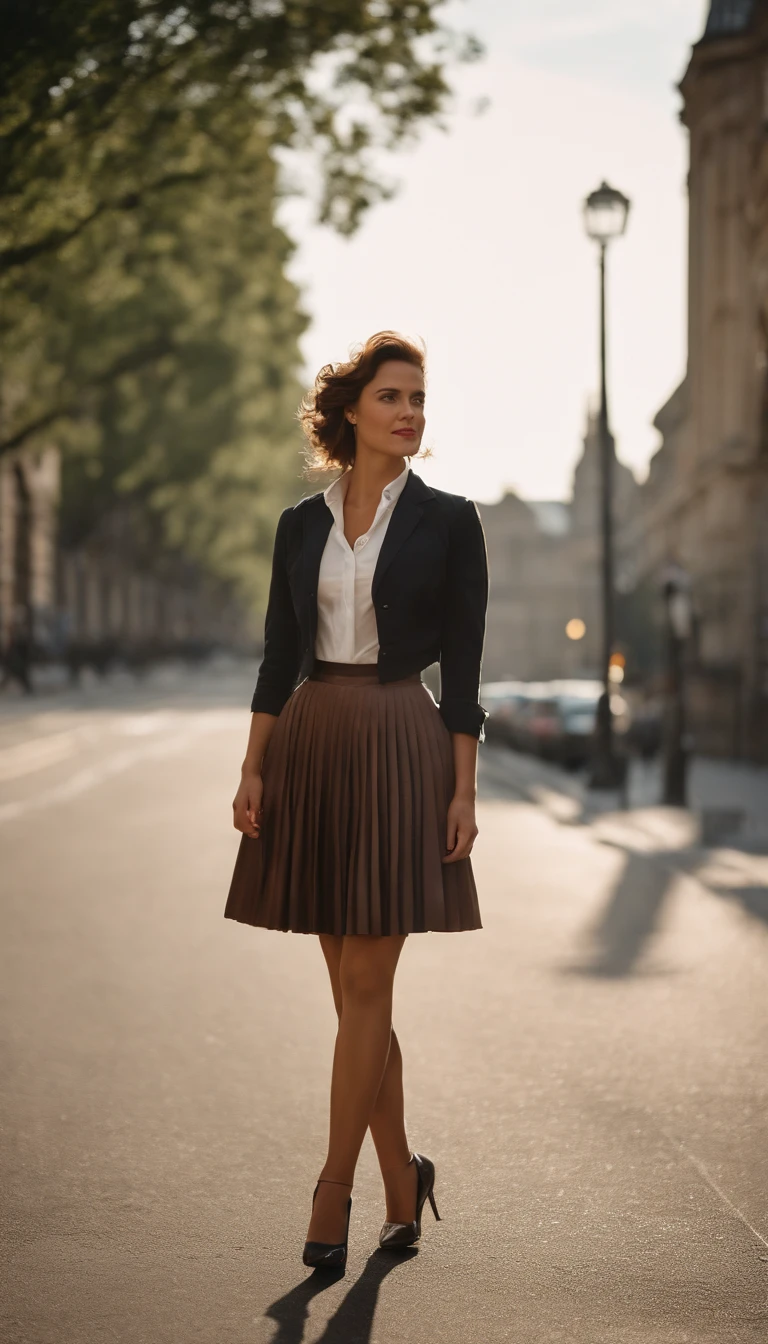 very (seductive:1,9) smiling attractive lesbian woman wearing short blazer and very very detailed (long (fully pleated) full circle skirt) and (simple) low heeled office shoes, very very intricate hyper-detailed symmetric (attractive graceful young feminine face) with (sad, tired eyes and a shy smile), large breasts, full of empathy and compassion and love, (pronounced (feminine) features), (highly detailed ultra accurate realistic) hands and fingers, (windy conditions and wind blowing), epic composition, highly detailed attributes, highly detailed atmosphere, (35mm f1.4 Kodak portra 400 photograph), extremely high quality RAW photograph,