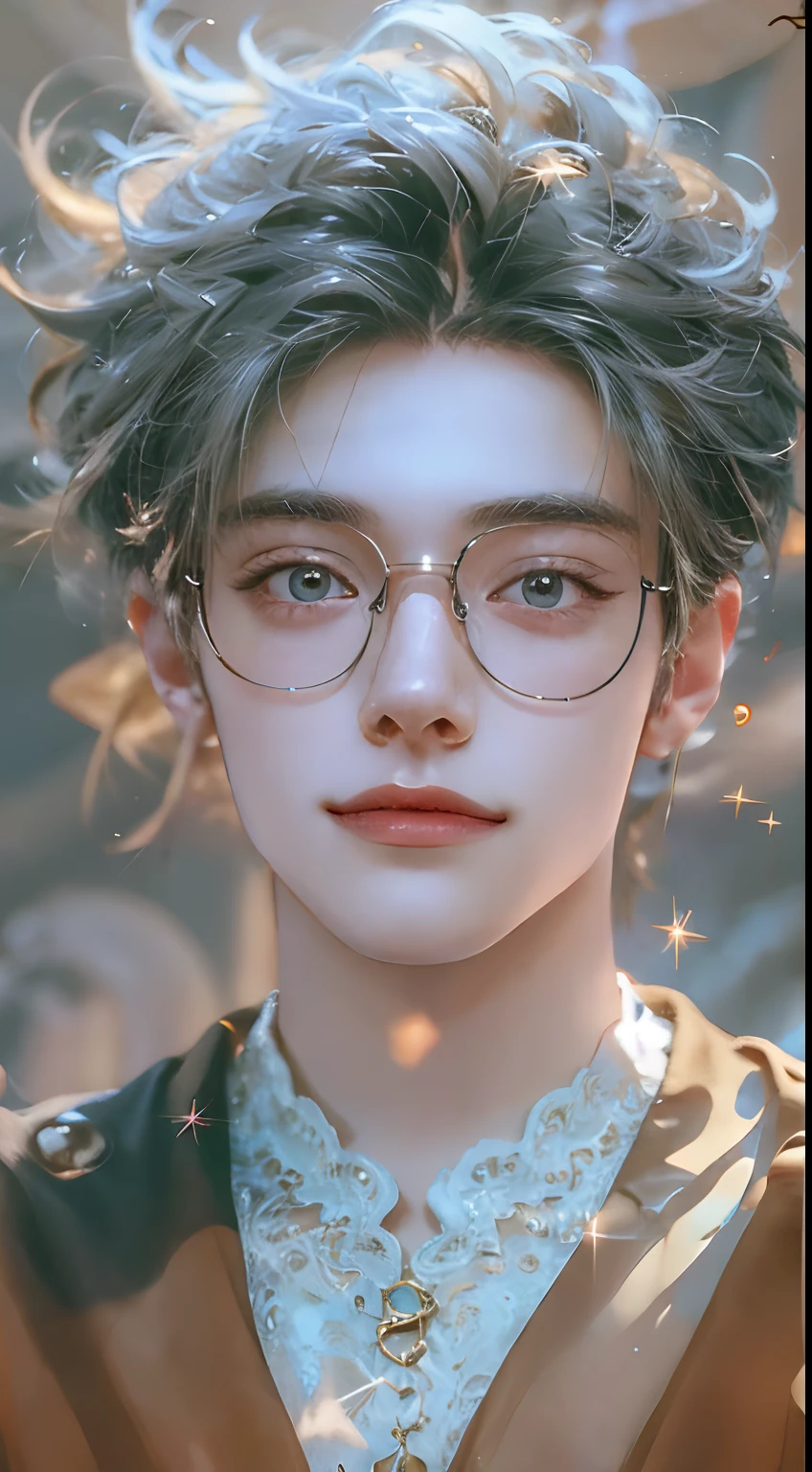 1boys,(Best quality:1.4),(Top realistic skin textures),(Exquisite facial features) ,(Gradient hair), Body,(Perfect physique:1.1),Gemstone on the forehead,Rimless glasses,sparkle eyes,Long eyelashes,smiling with teeth,hyper photorealism,Cinematic lighting,Illustrative rendering,surrealism,Ultra-high definition,Masterpiece:16k,boudoir,dream on,Fantasy space,luxurious environment