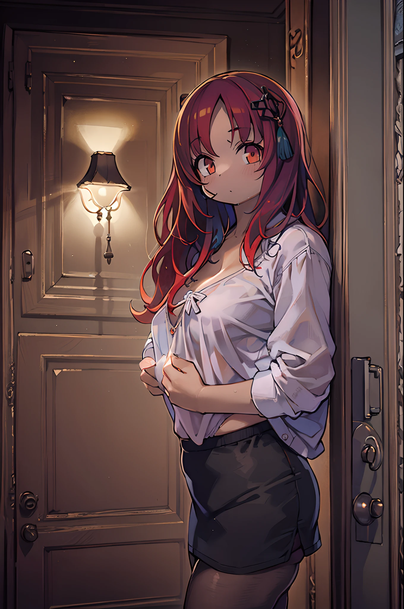 Portrait of beautiful 18 year old petite , redhair, gorgeous chinese, In cotton panties, in doors, (dark private office, Dark and gloomy light: 1.2)