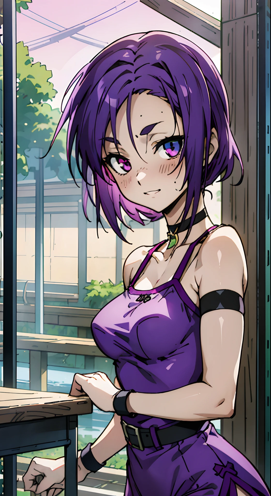 Masterpiece, Best quality, Ultra-detailed, Colorful,take up close, Hyper-detailing，purple color hair, reo mikage, bluelock, no sleeves, camisole and cheongsam, chinese clothes, chest exposure, underwear, frilly underwear, the kinky is exposed, choker, black choker, arm warmers, Wristband, belt wristband, relative area, sexy breasts, scar, big breasts, red blush, 1girl, Solo, sharpy face, heterochromia, green eyes, purple eyes, Bare neck, happiness face, rays of sunshine, brautiful sky, shining sky, shanghai village, slum town